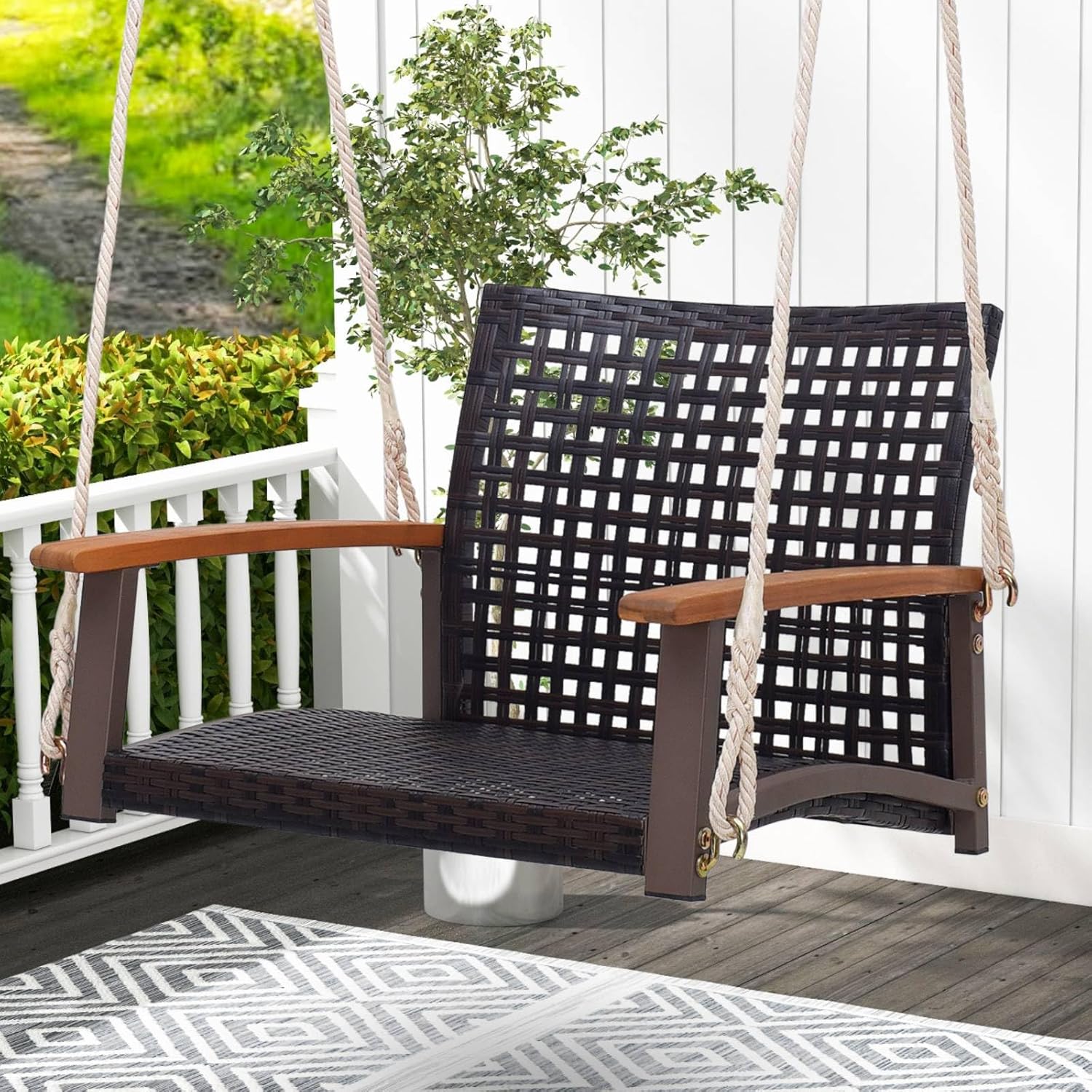 Single Rattan Swing Chair Hanging Patio Seat Brown