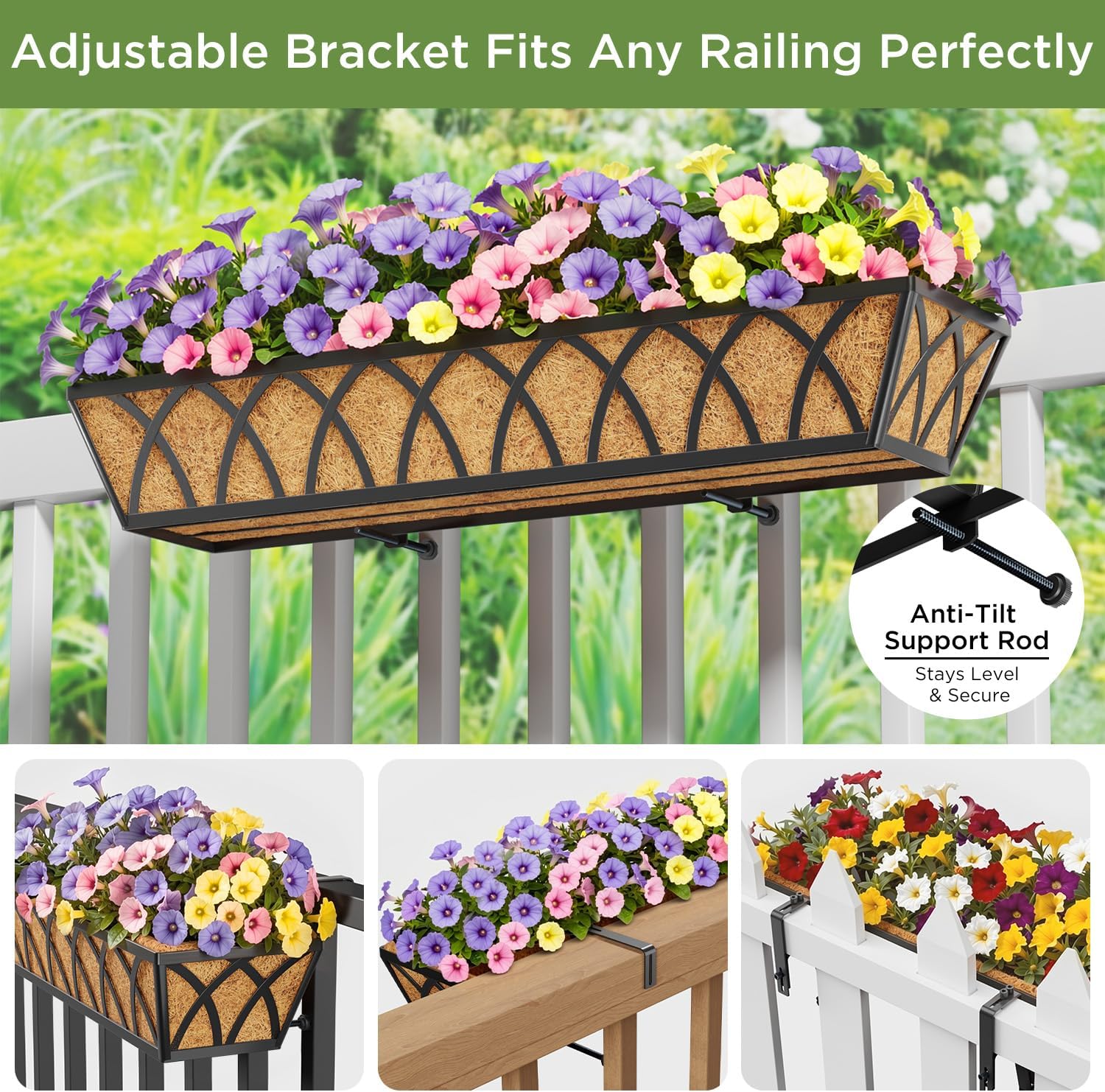 30in Railing Planter Box Set 4 Large Metal Trough Coco Liner