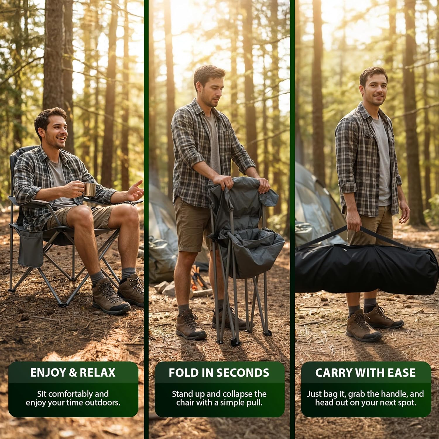 Set of 2 Camping Chairs Padded Steel Frame Black