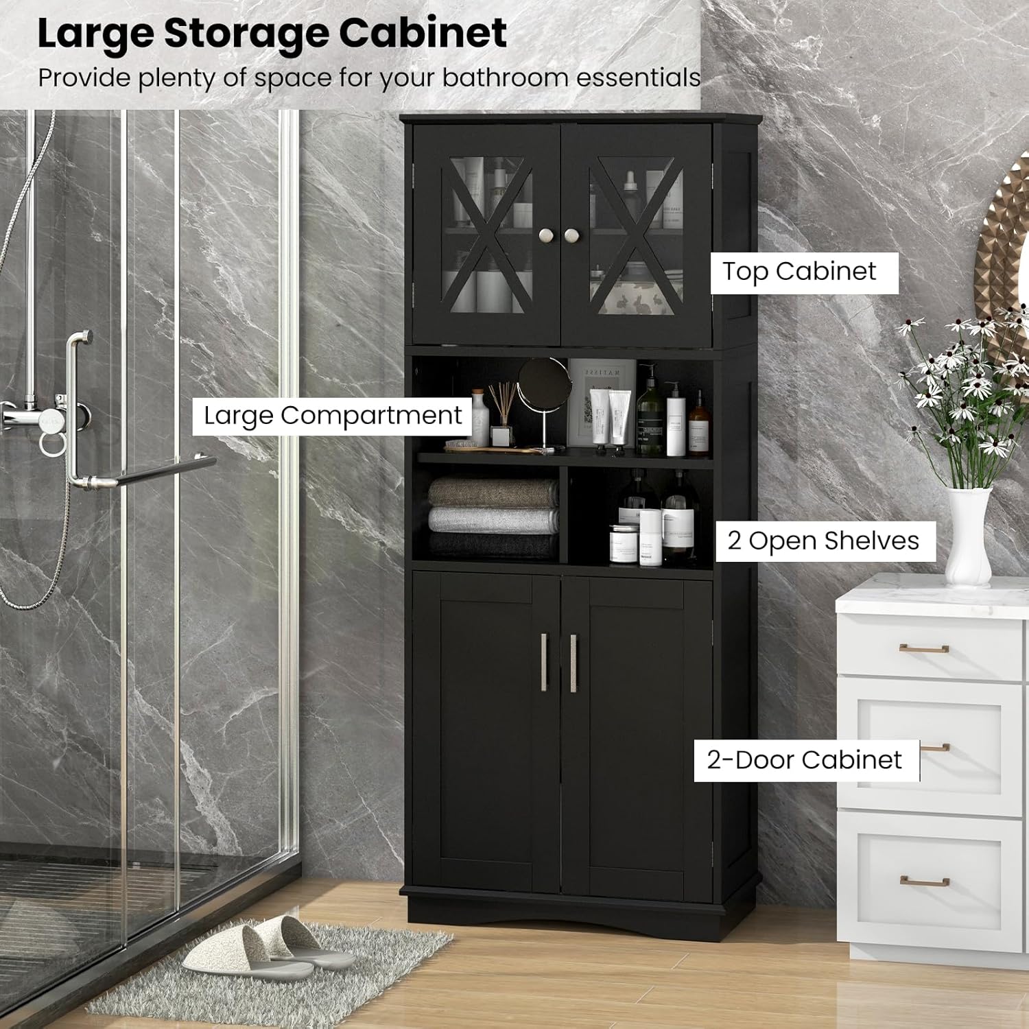 Tall Bathroom Storage Cabinet 4 Door Shelf Unit Black