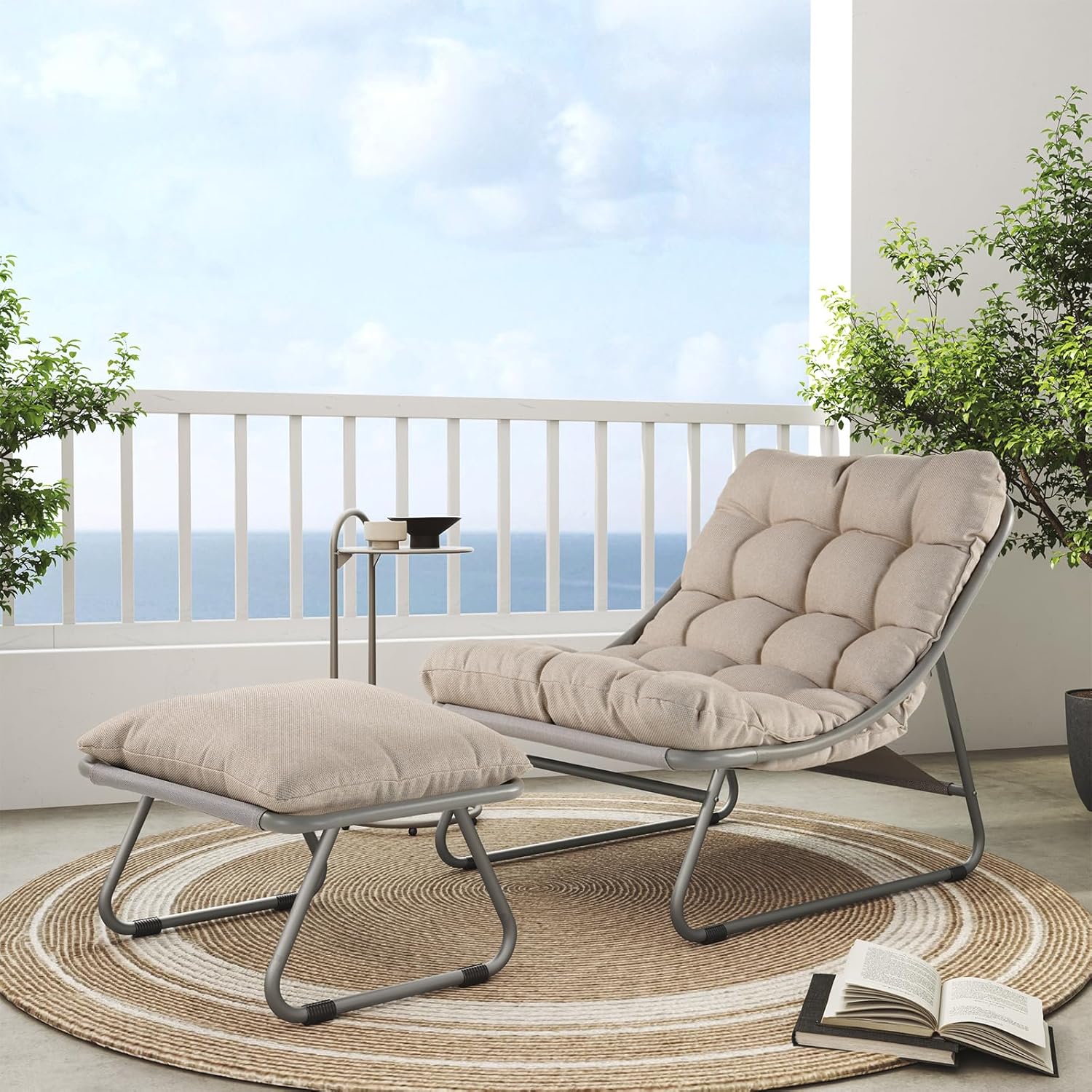 Reclining Garden Sun Lounger Chair Set with Footstool Table