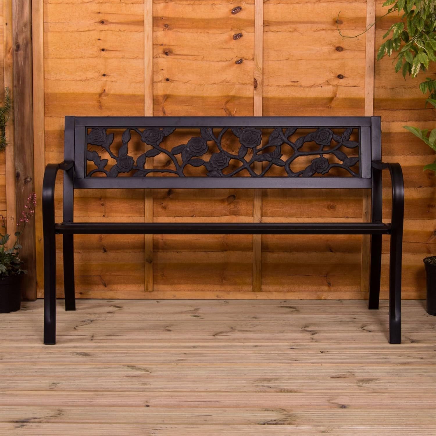 3 Seater Metal Garden Bench Rose Design Outdoor Patio Park Seat