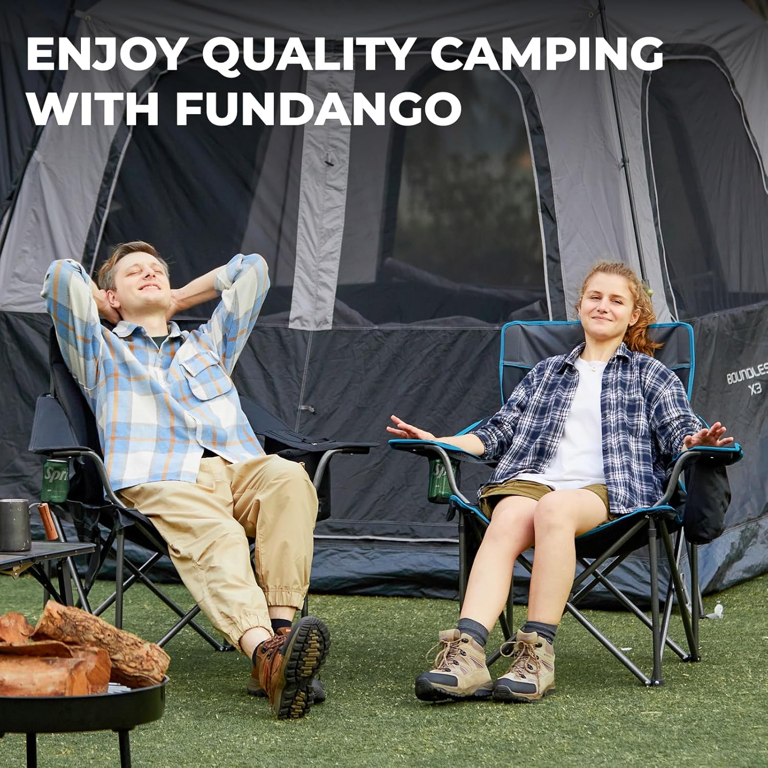 Oversized Camping Chair 550LB with Cooler Pocket Black Grey