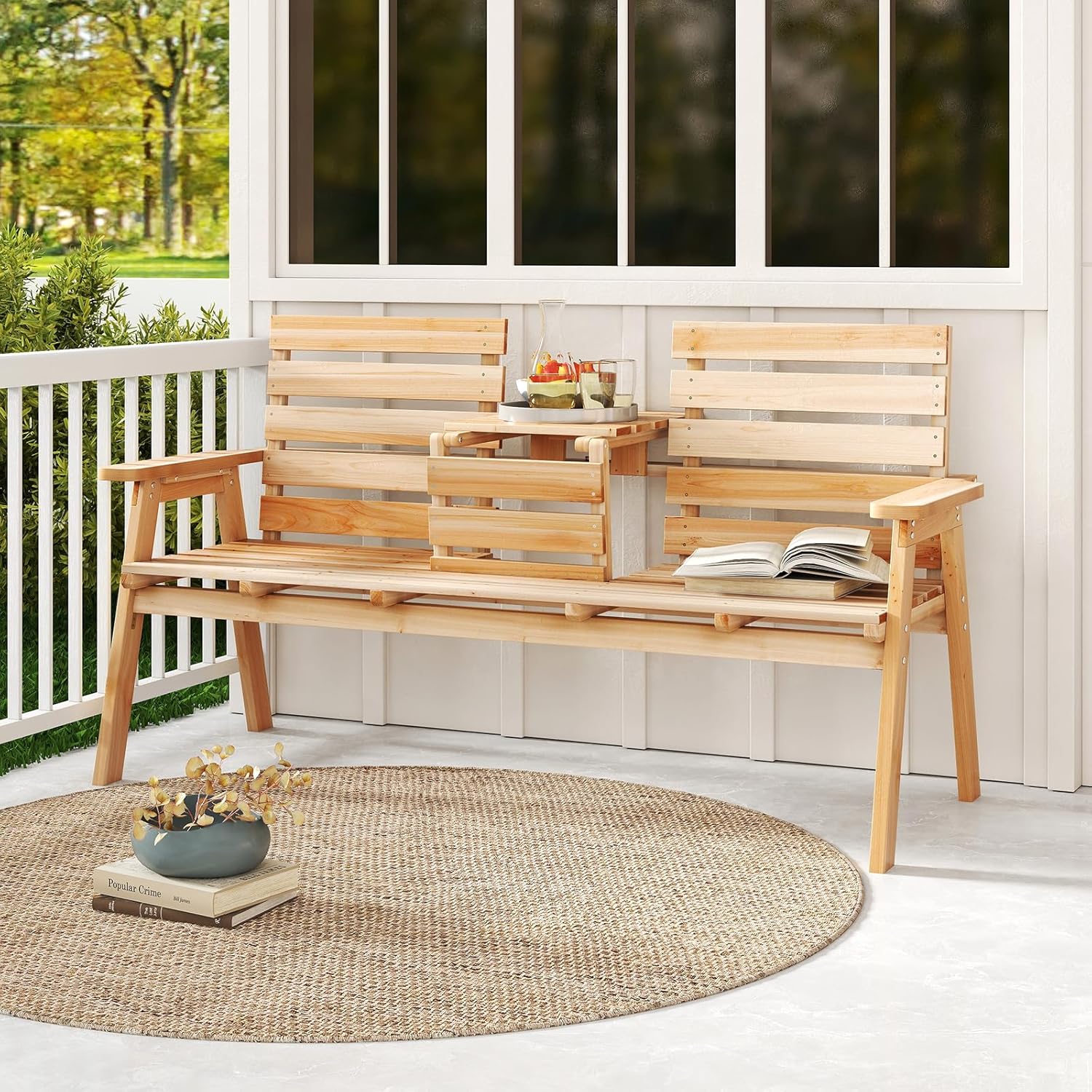3 Seater Wooden Garden Bench with Foldable Table 160cm