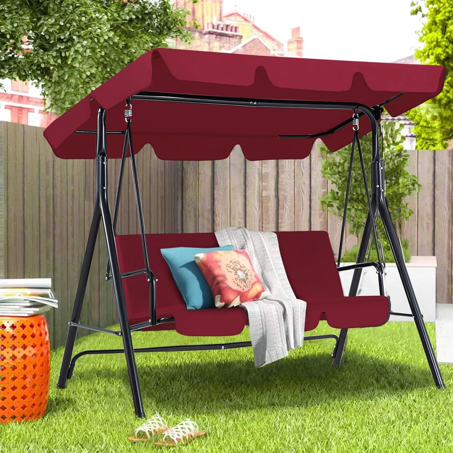 3 Seater Patio Swing Bench Red Canopy Cushion Steel Frame
