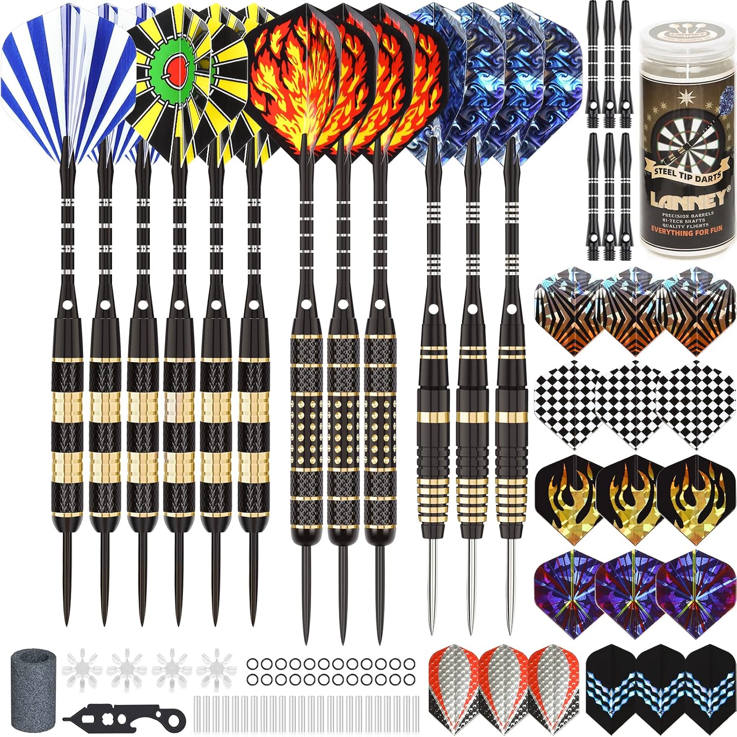 Steel Tip Darts Set 12 Pack 20g 24g 26g Brass Barrels Case Kit
