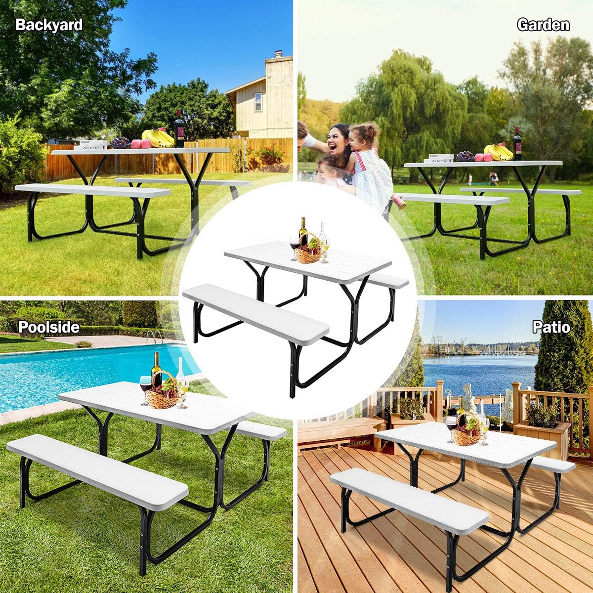 Outdoor Picnic Table Bench Set HDPE Garden Dining White