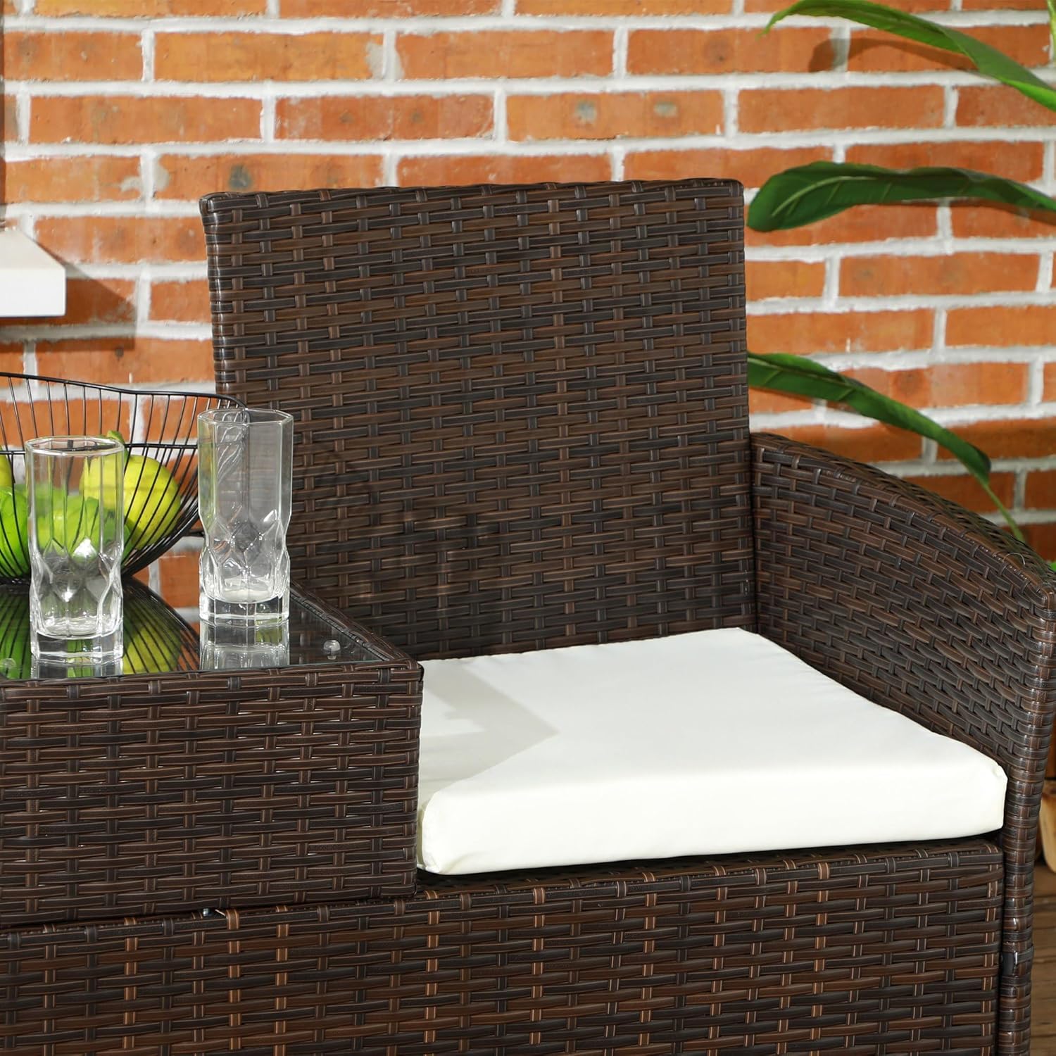 2 Seater Rattan Garden Bench with Glass Table Patio Love Seat