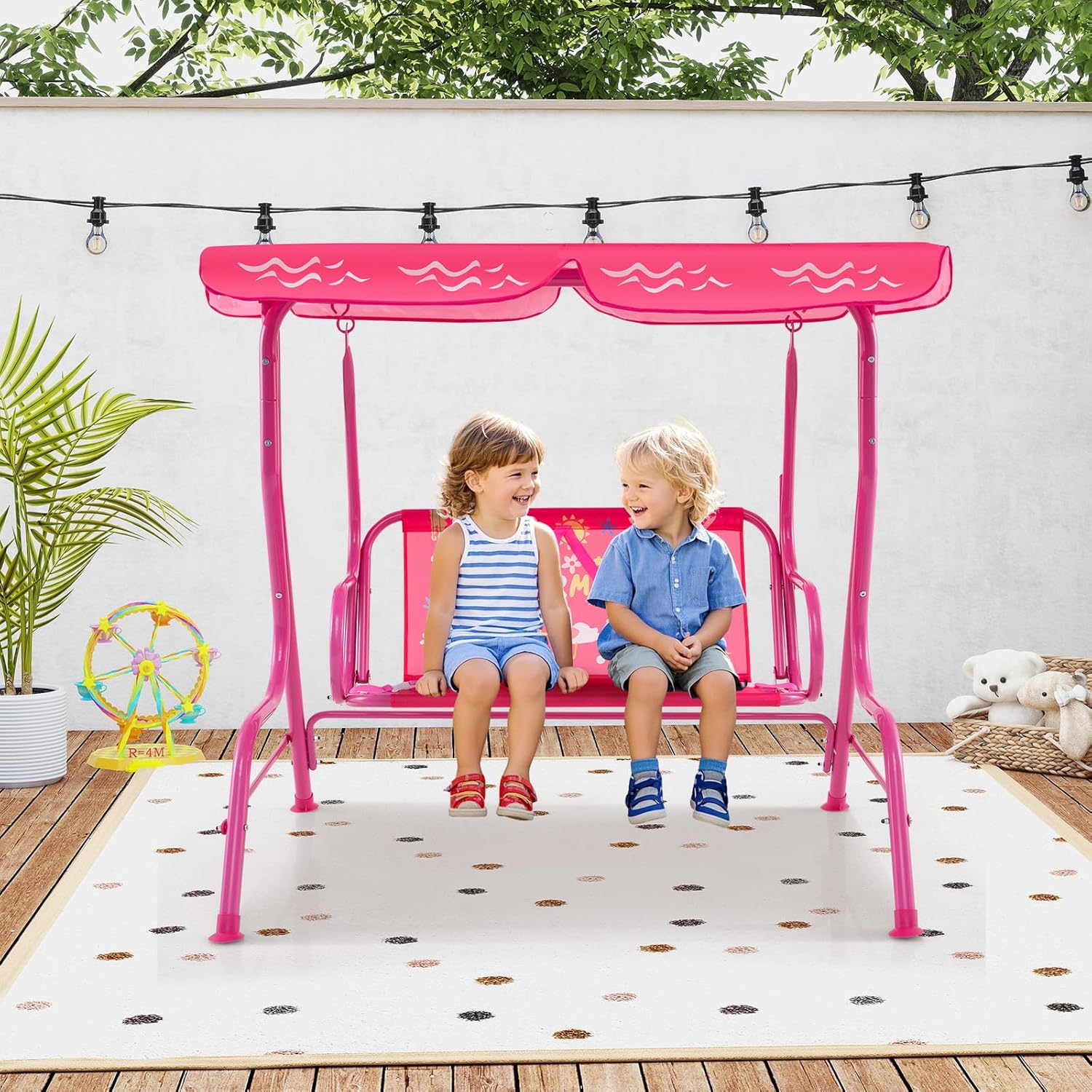 Kids 2 Seat Patio Swing Chair Pink Canopy Safety Belts Indoor Outdoor