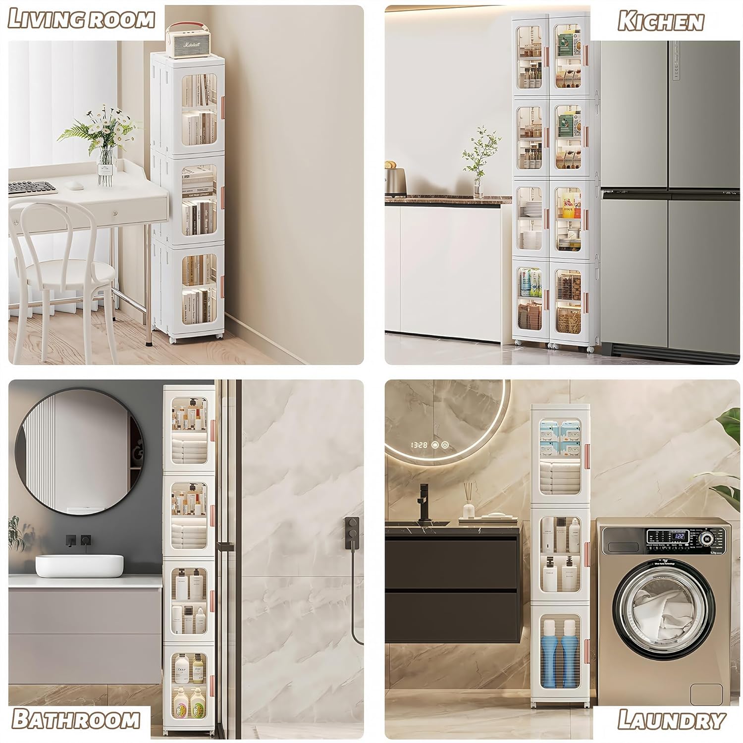 4 Tier Slim Storage Cabinet Foldable White Organizer Unit