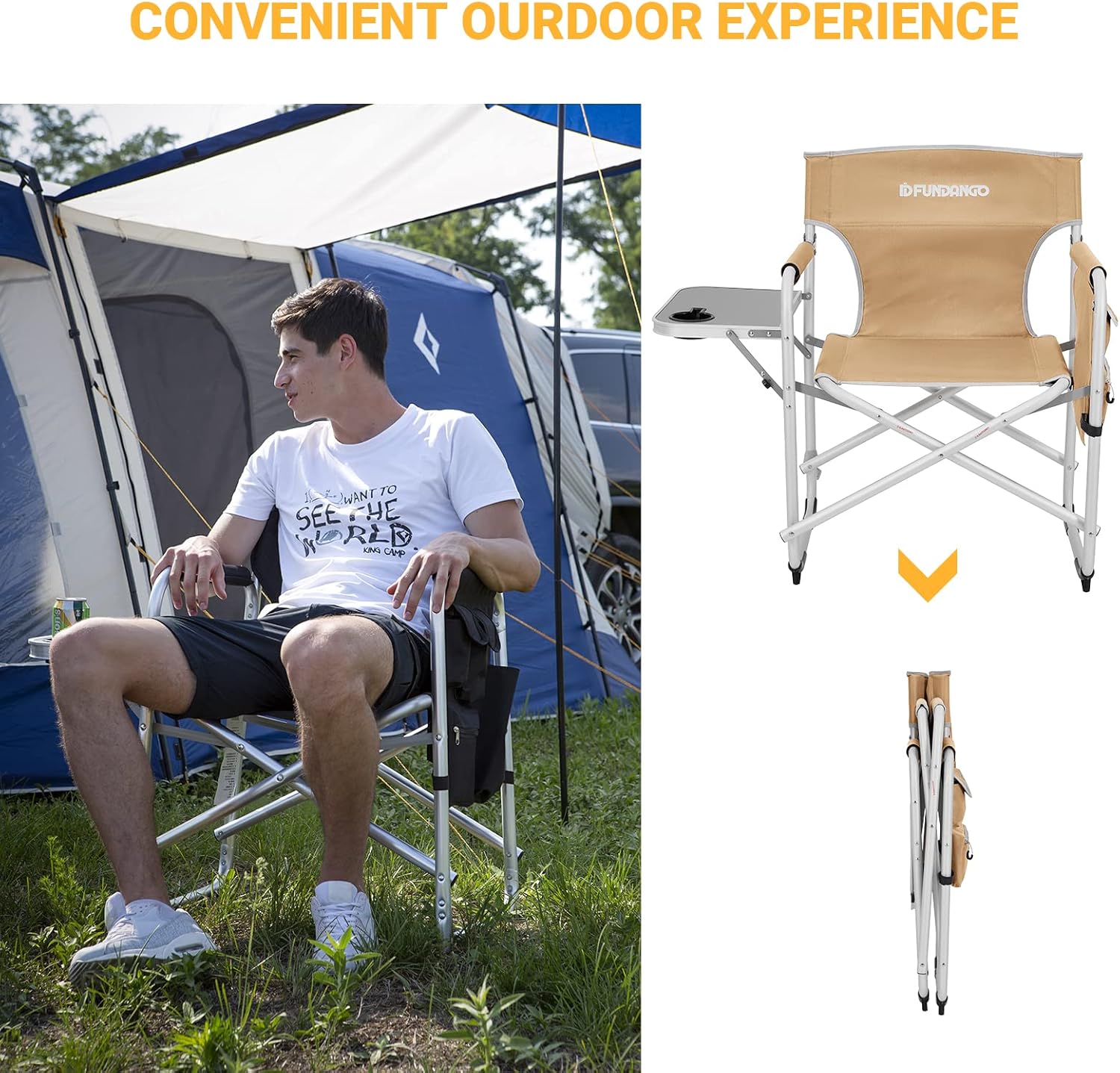 Lightweight Director Camping Chair with Side Table Khaki