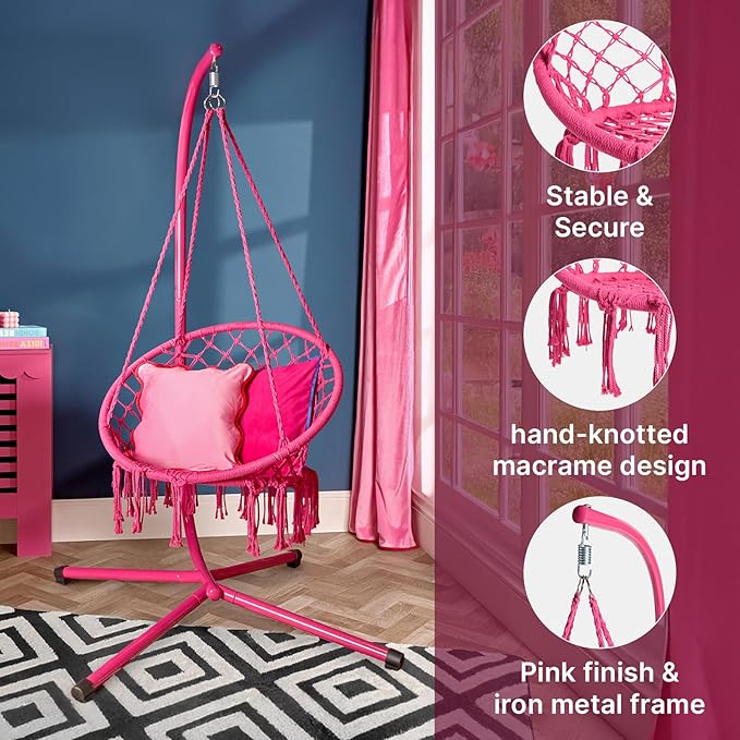 Hot Pink Macrame Egg Chair with Stand Hanging Swing