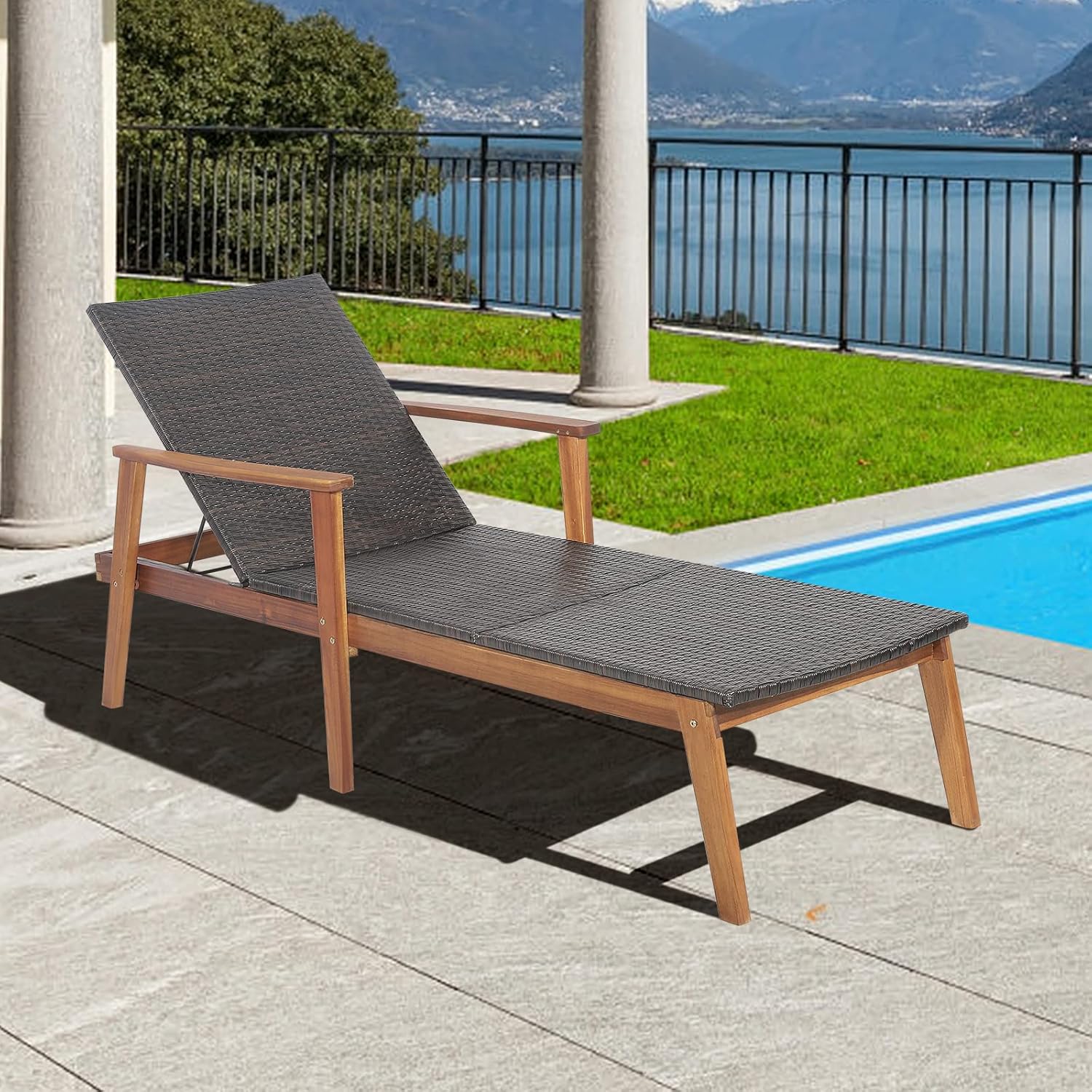 Acacia Wood Rattan Sun Lounger 4 Position Recliner