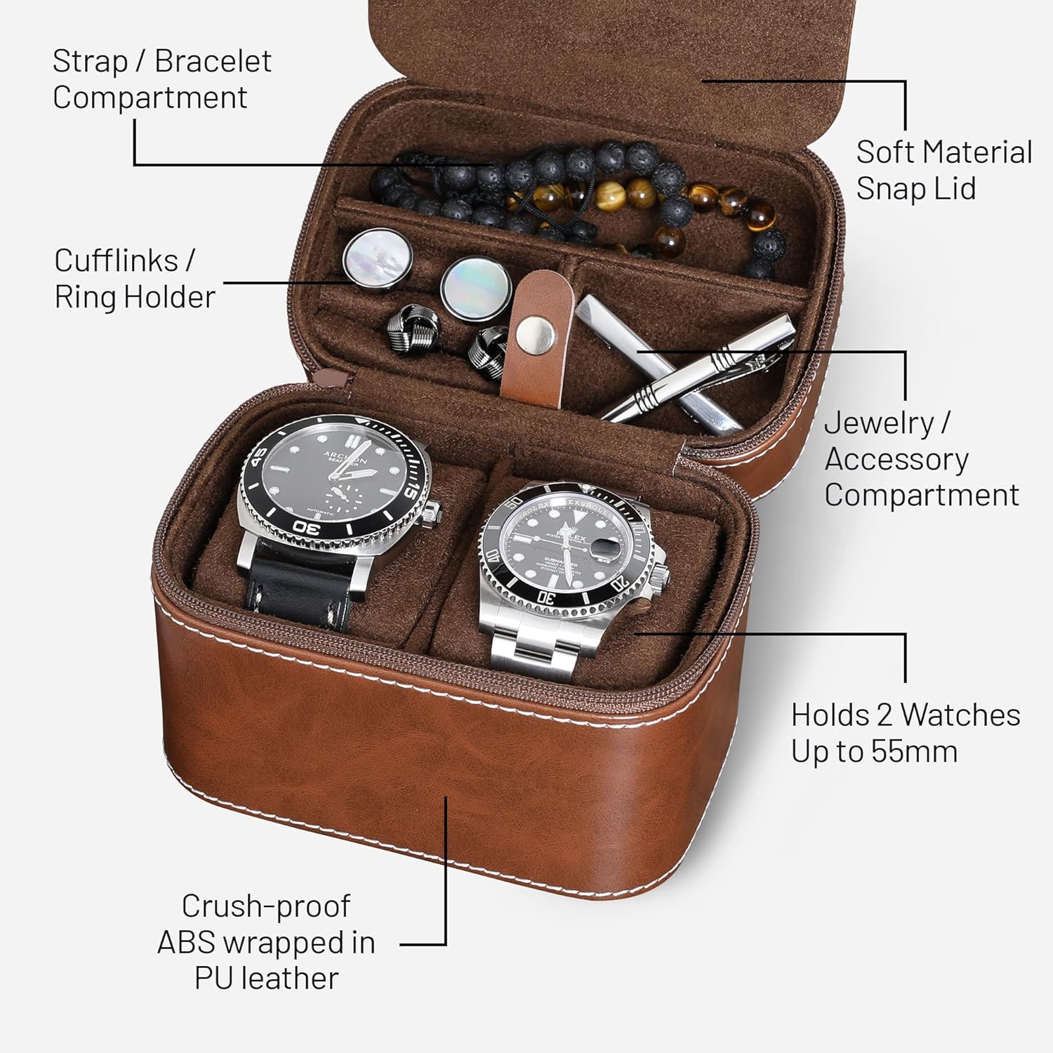 2 Slot Watch Travel Case Storage Organizer Brown