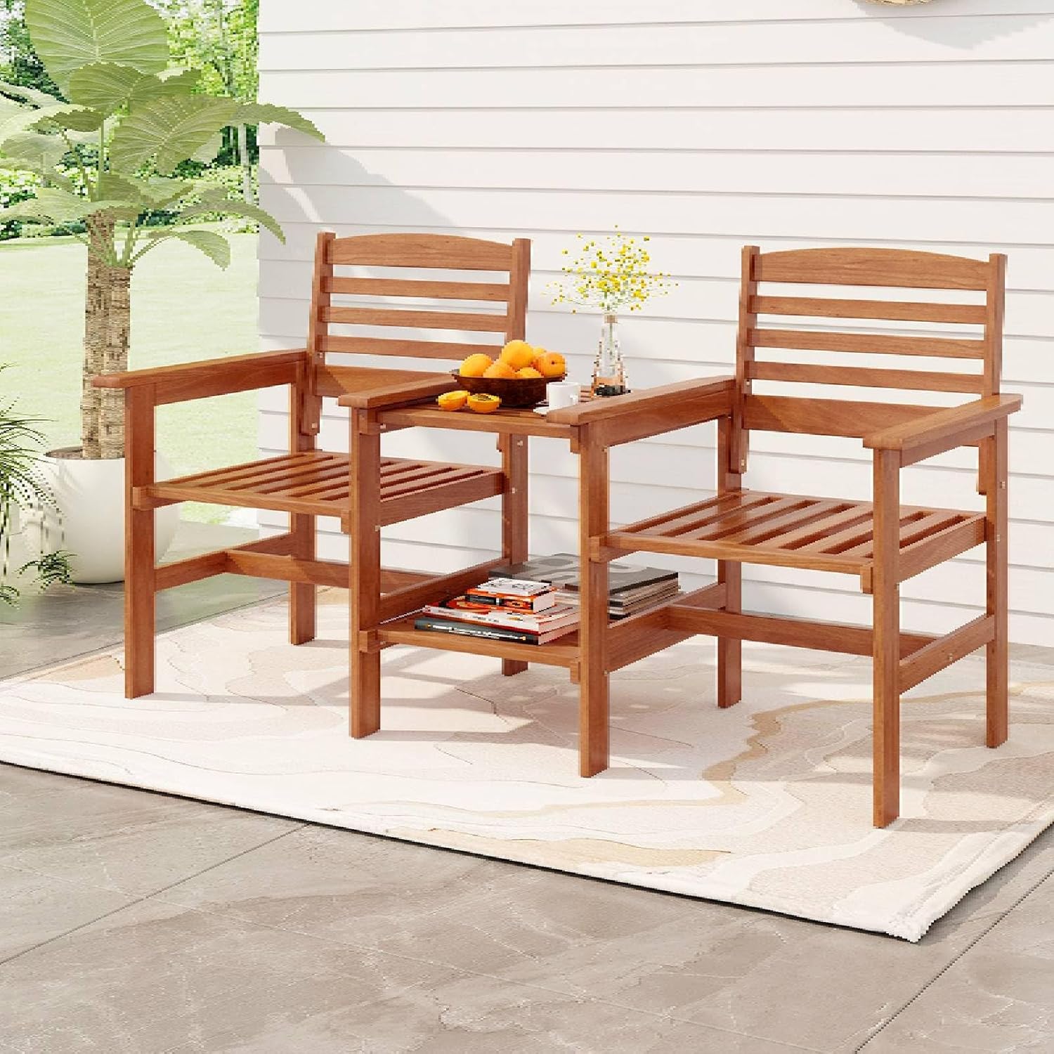 2 Seater Wooden Garden Loveseat Bench w/Table & Umbrella Hole