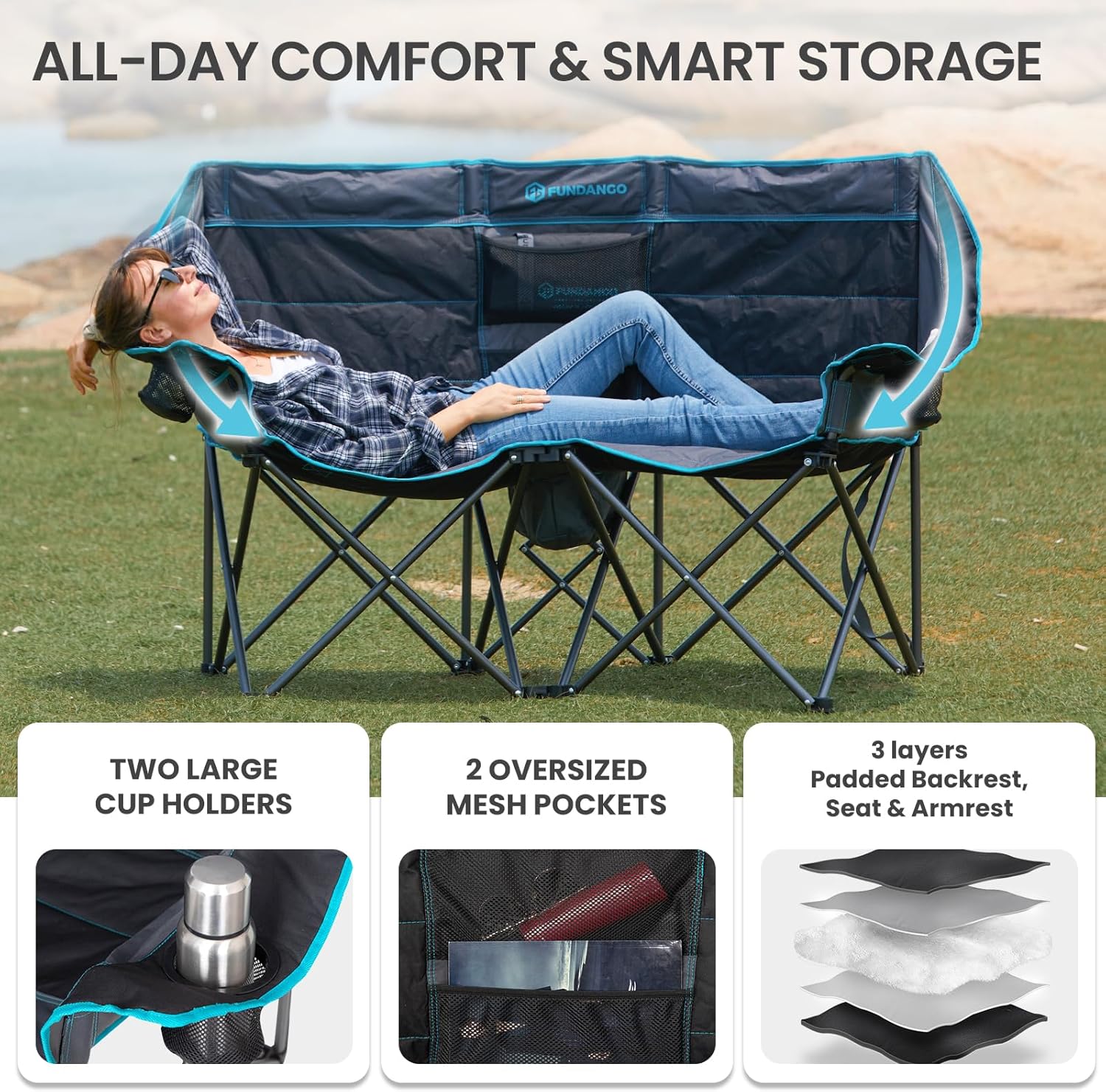Extra Wide Double Camping Chair Foldable Black