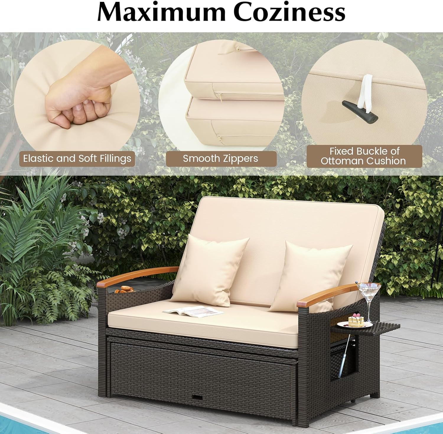 Beige Rattan Daybed Sun Lounger with Storage Ottoman