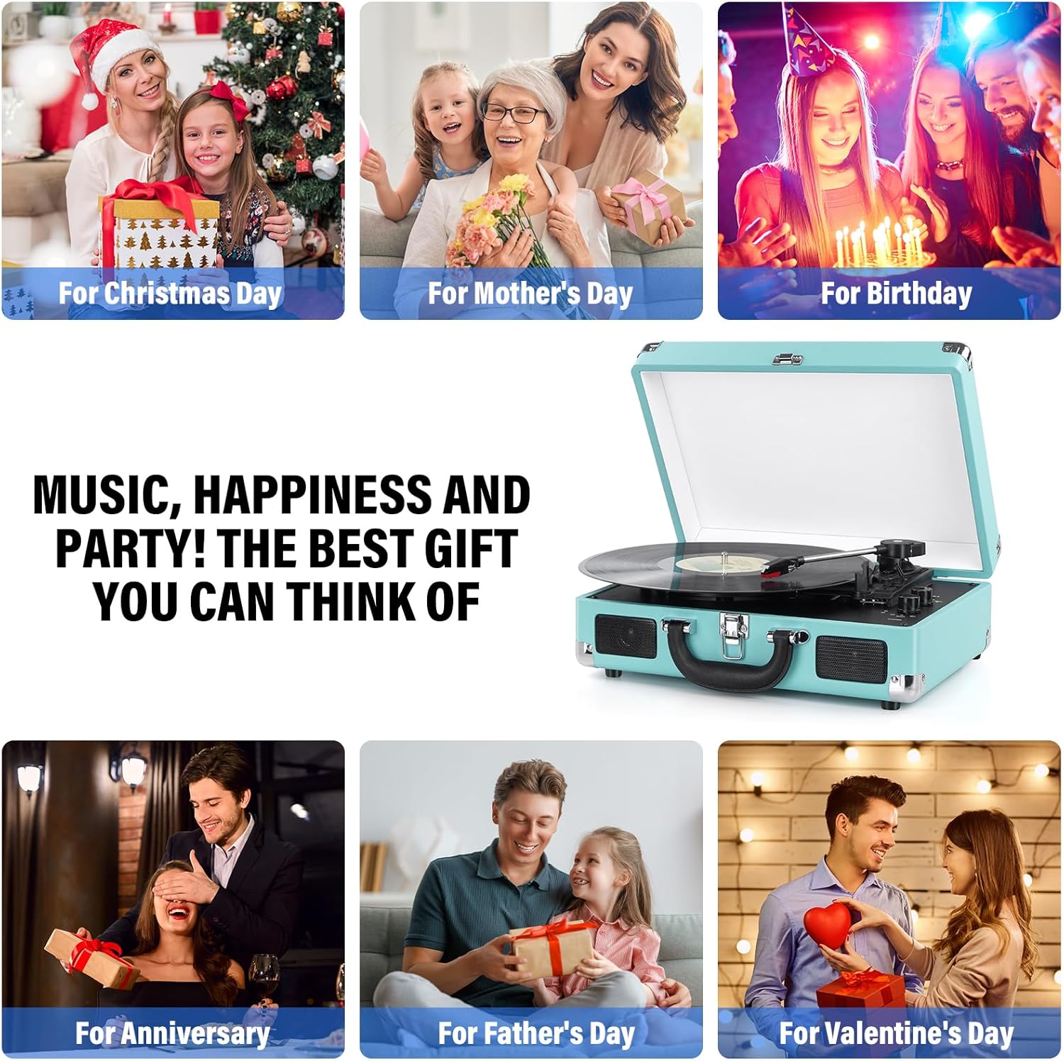 3-Speed Bluetooth Vinyl Turntable Record Player with Built-in Speakers
