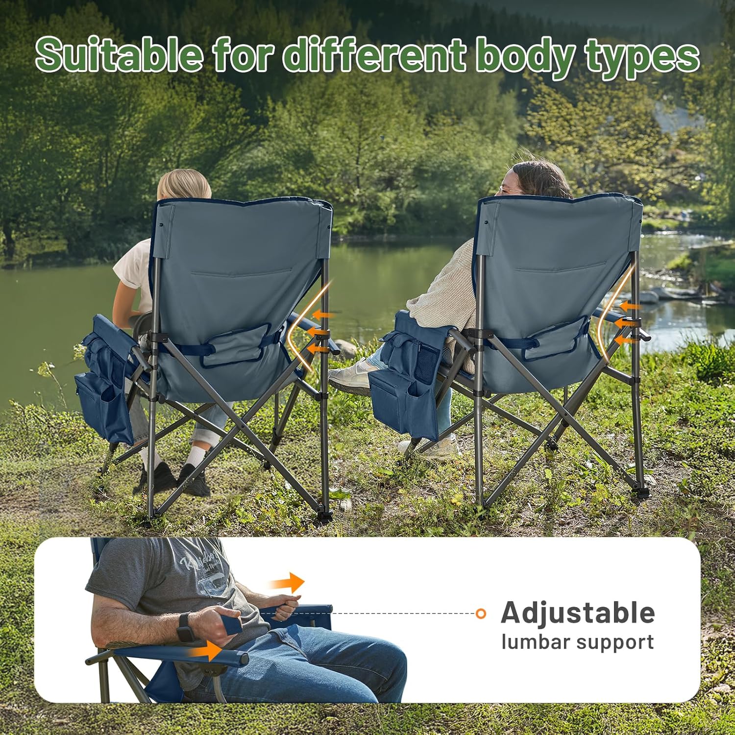 Heavy Duty Outdoor Chair with Lumbar Support Cooler Pocket Blue