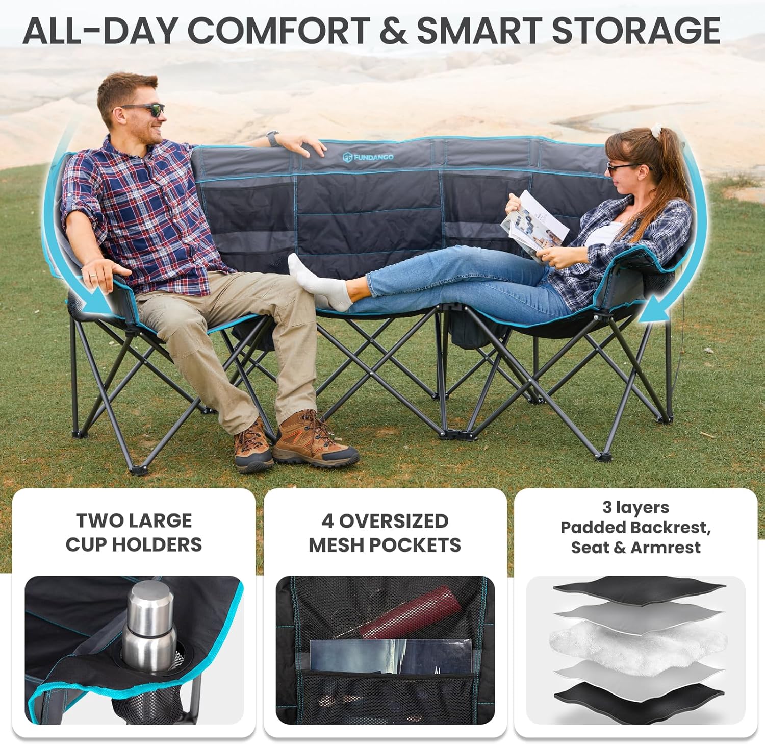 Extra Wide 3 Seater Camping Sofa Foldable Black