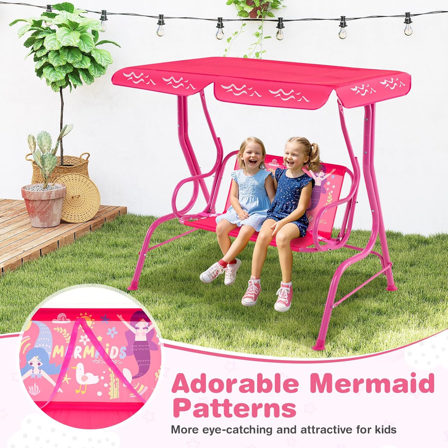 Kids 2 Seat Patio Swing Chair Pink Canopy Safety Belts Indoor Outdoor