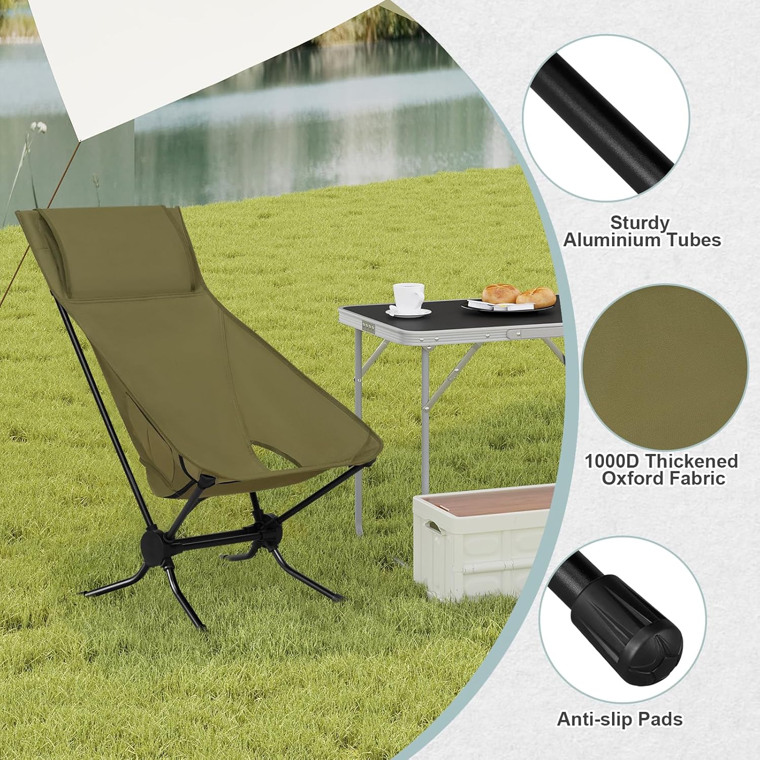 Set of 2 High Back Folding Camping Chairs Lightweight Green