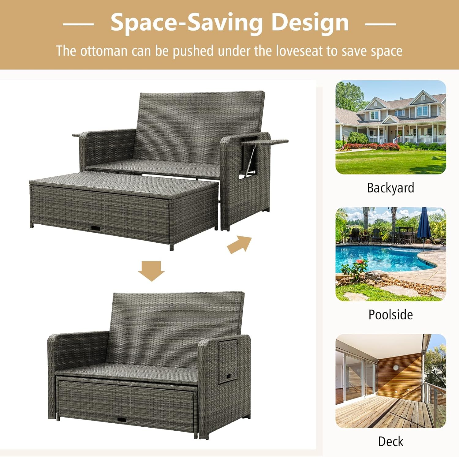 Patio Wicker Daybed Sun Lounger Sofa Storage Ottoman Beige Grey