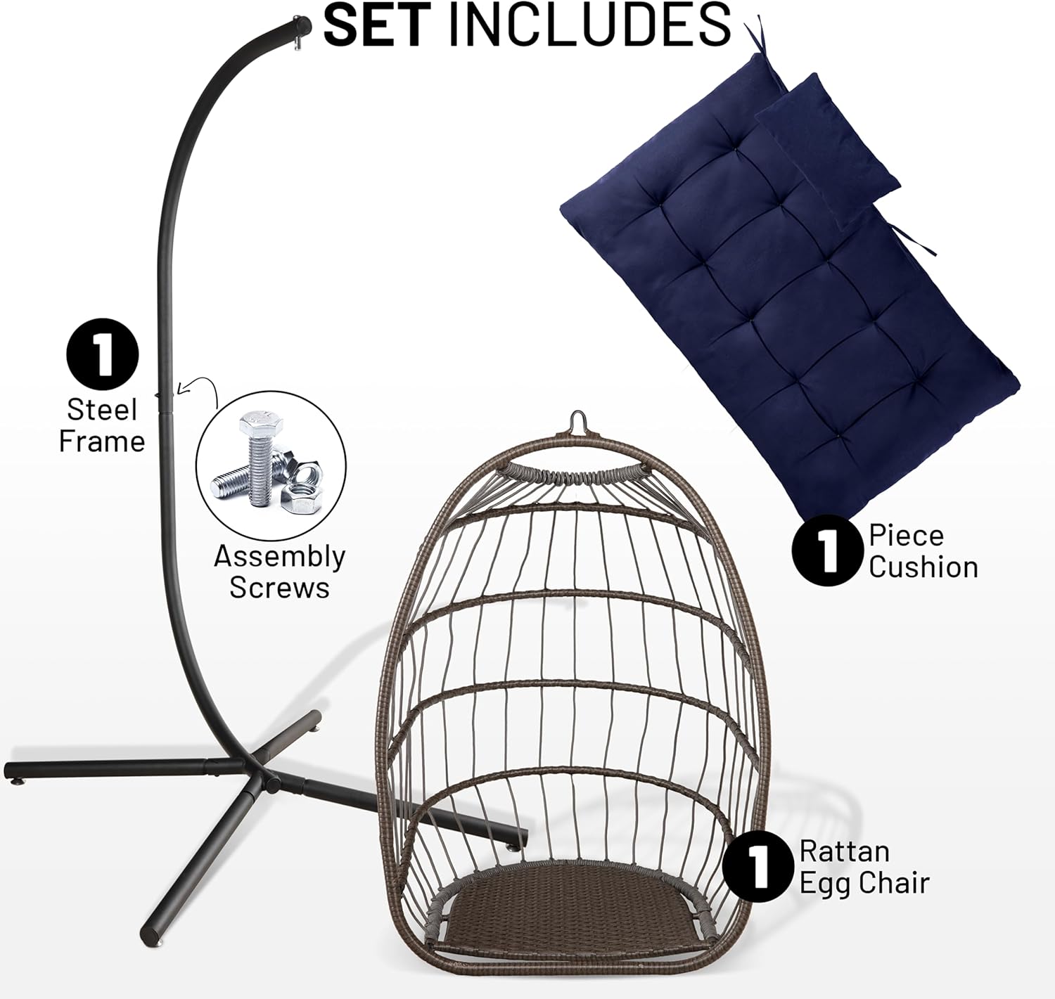 Foldable Egg Chair with Stand Rattan Hanging Swing Deep Blue