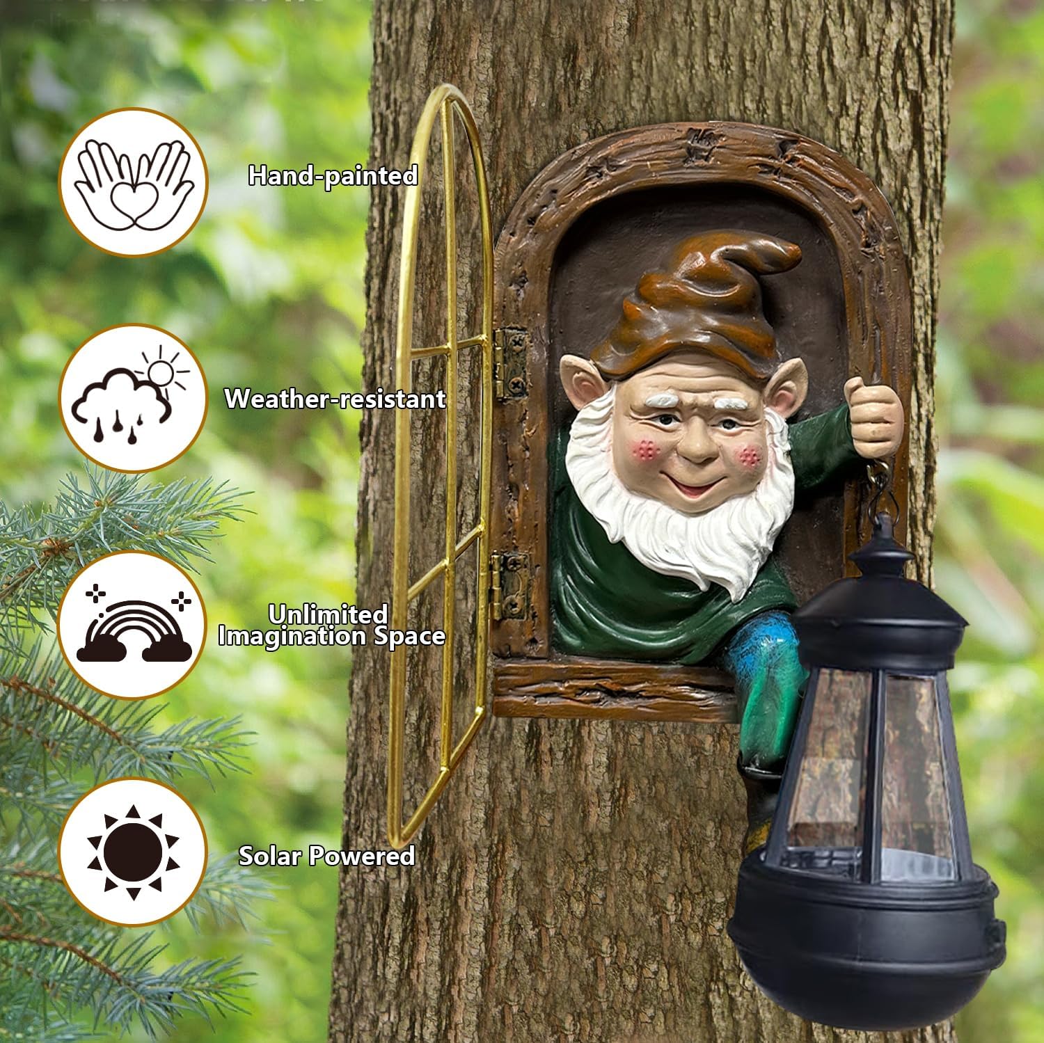 Solar Tree Face Gnome Garden Wall Decor Lantern Outdoor Statue