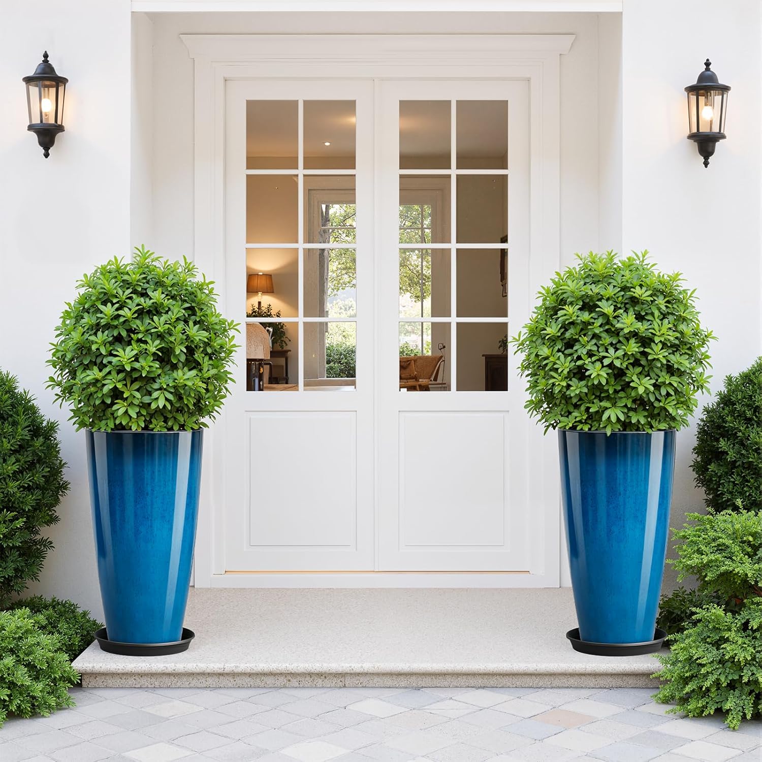 Tall Planters Set of 2 53cm Blue Plant Pots Indoor Outdoor