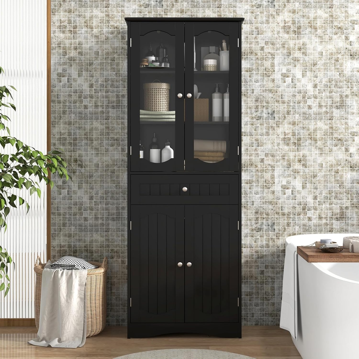 Tall Bathroom Cabinet Glass Door Drawer Shelf Unit Black