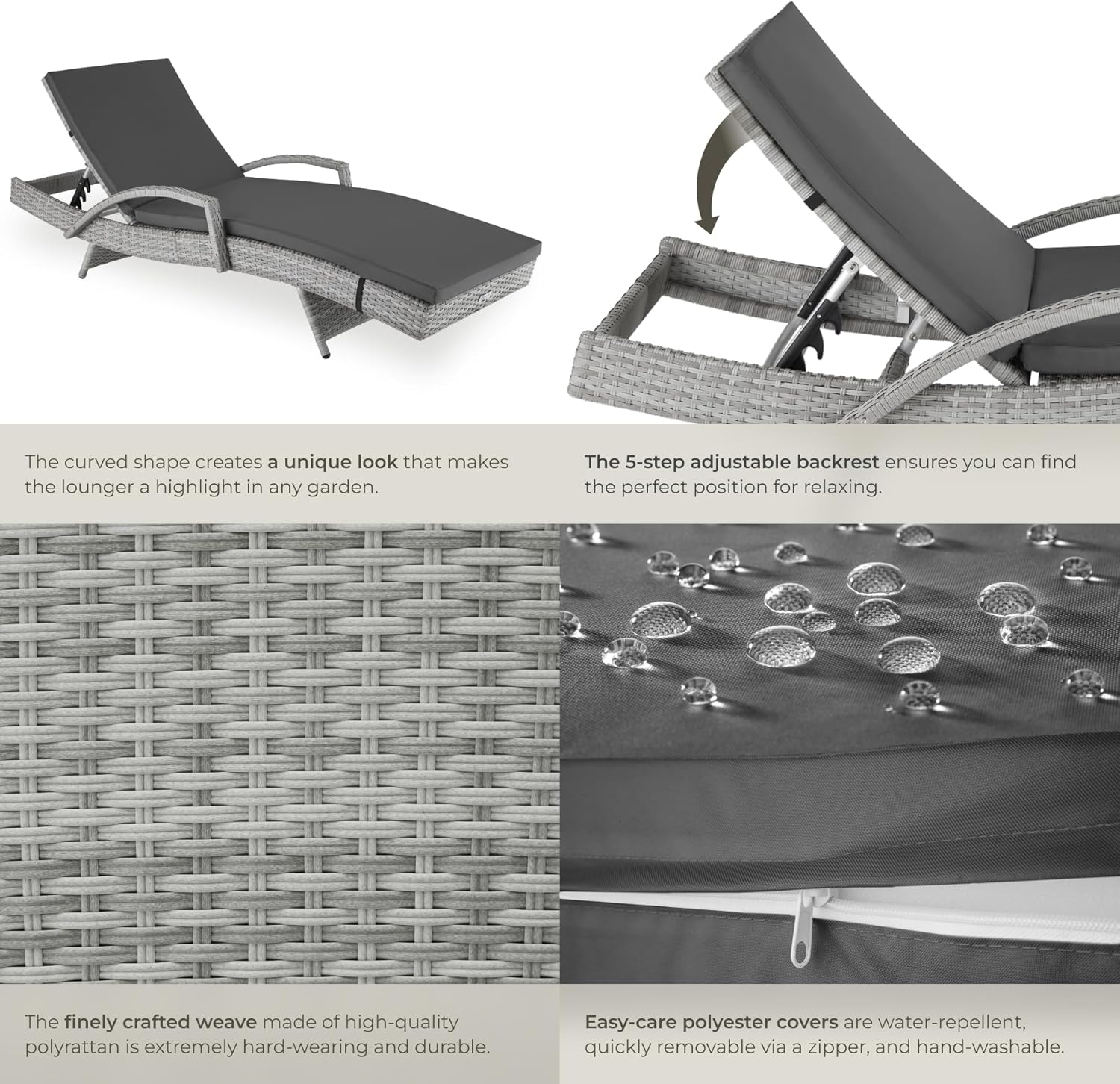 Rattan Sun Lounger 5 Position Recliner Cushion Light Grey