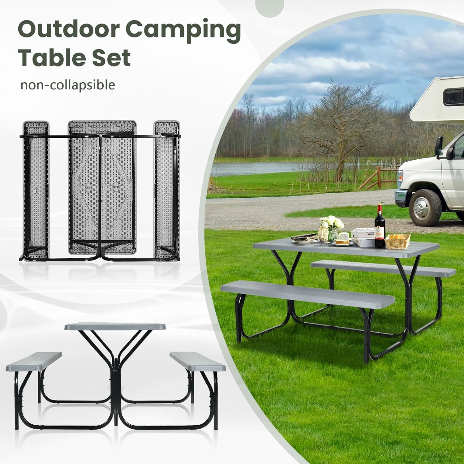 Outdoor Picnic Table Bench Set HDPE Garden Dining Grey