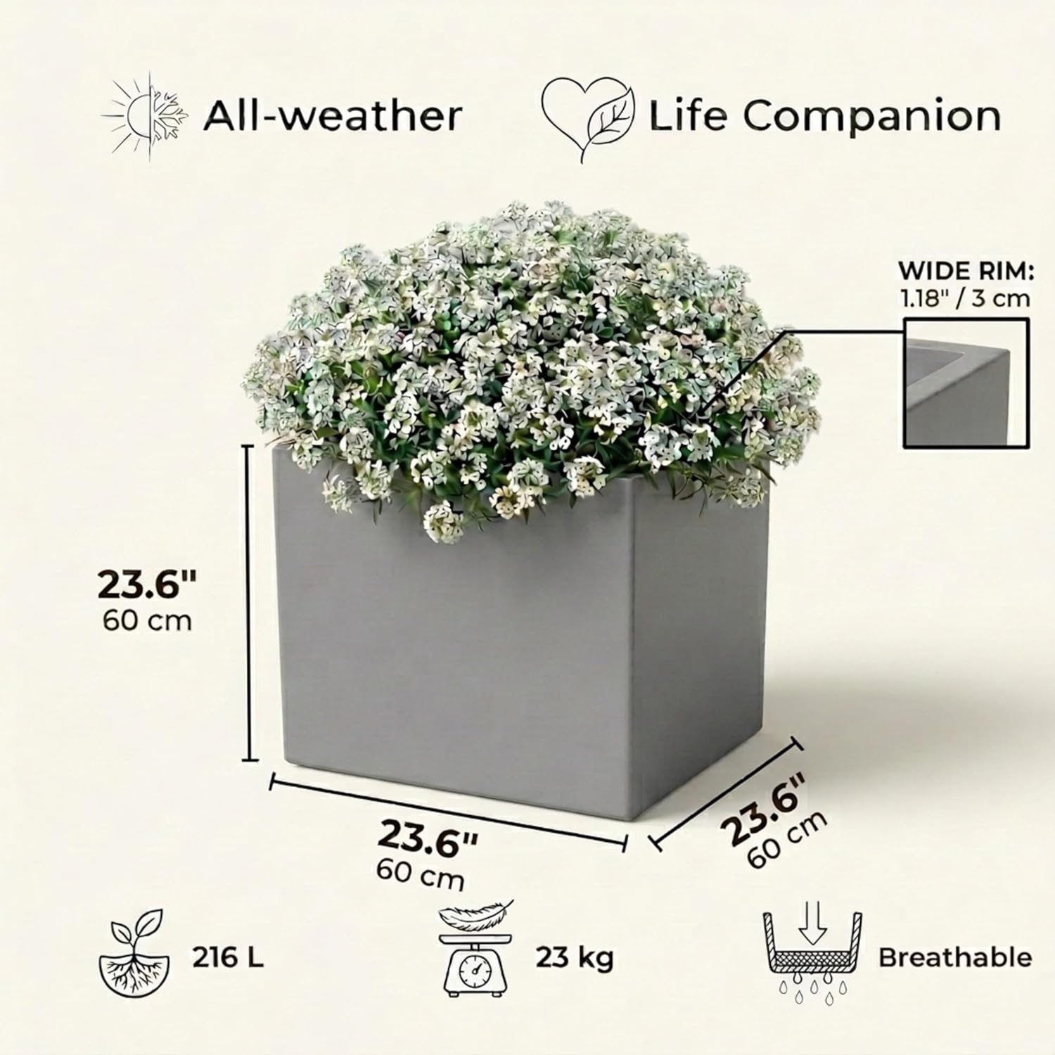 60cm Large Square Planter Grey Stone Effect Tree Pot Drainage