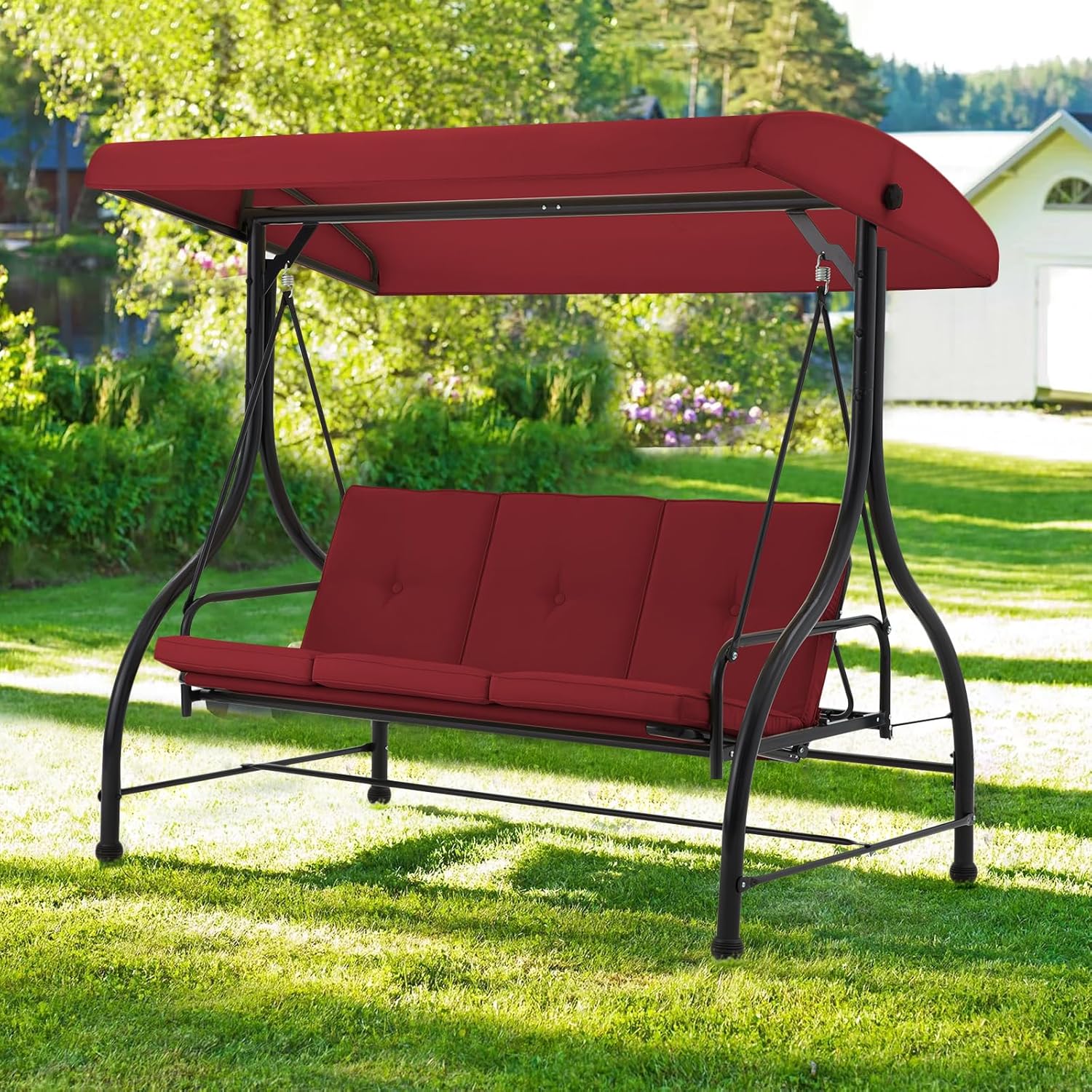 3 Seater Garden Swing Bed Red Canopy Cushion Steel