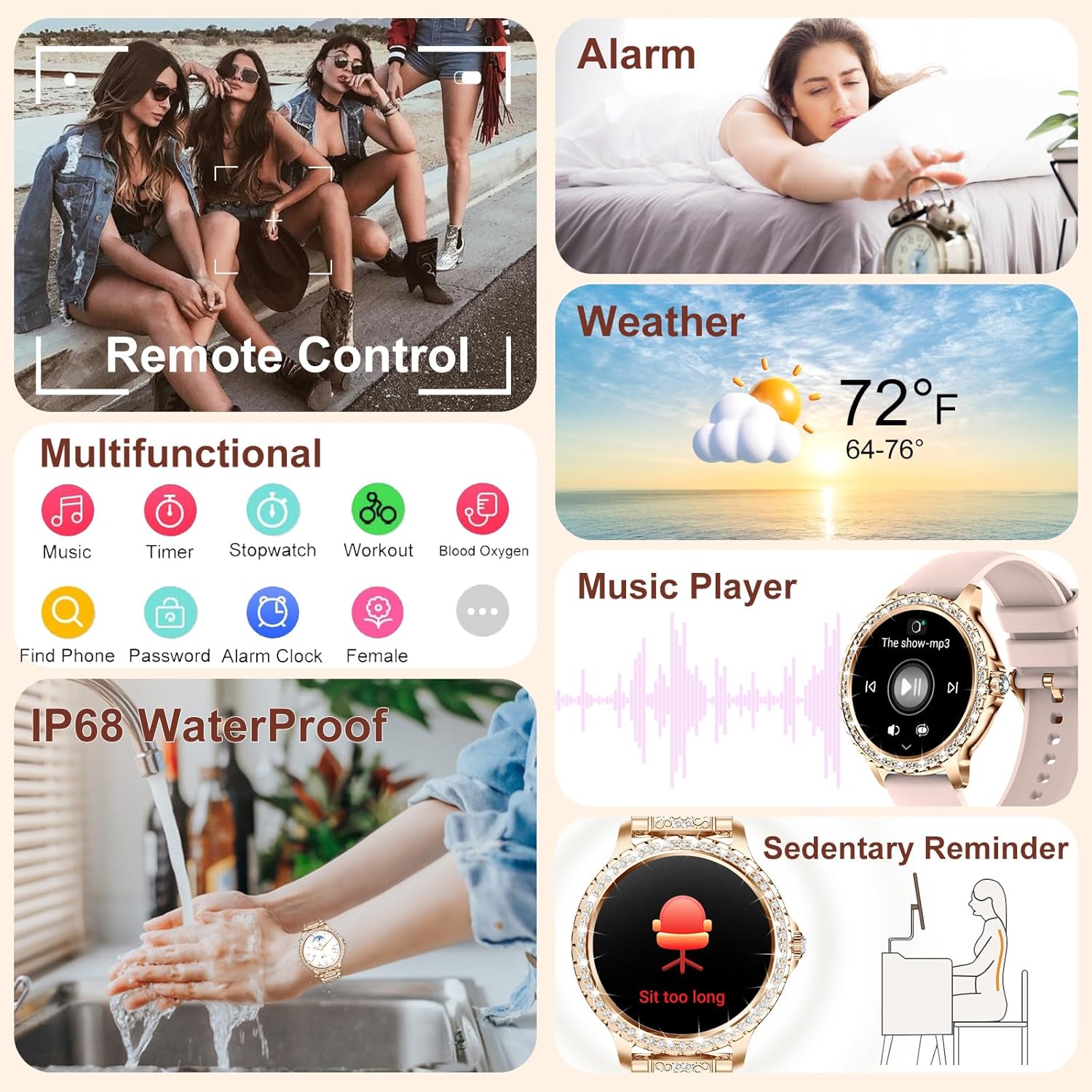 Diamond Womens Smart Watch Bluetooth Call 3 Straps Bling