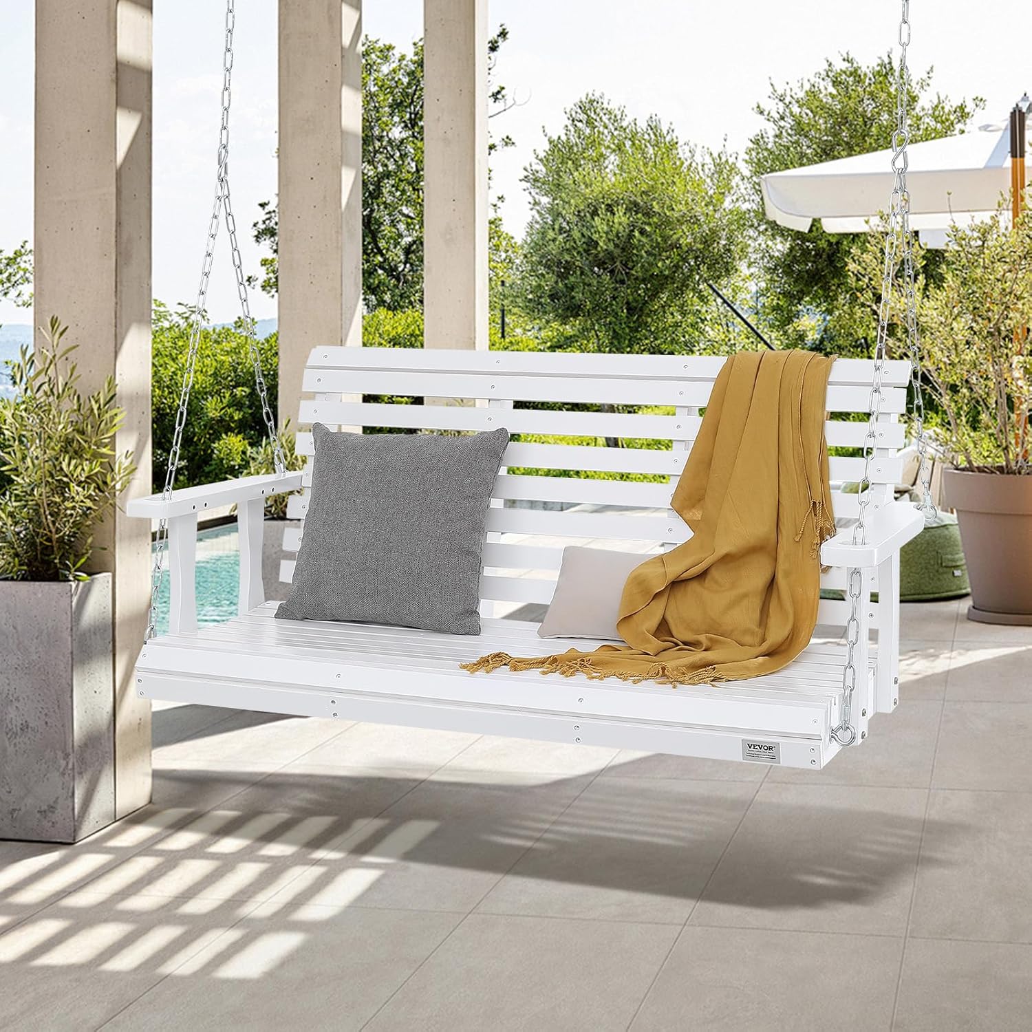 Wooden Porch Swing Bench 5.5ft White with Cup Holders