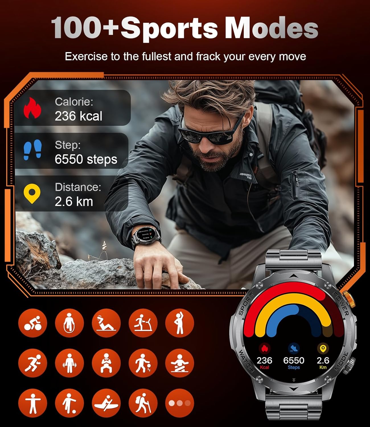 Mens Smart Watch 1000mAh LED Call 120 Sports