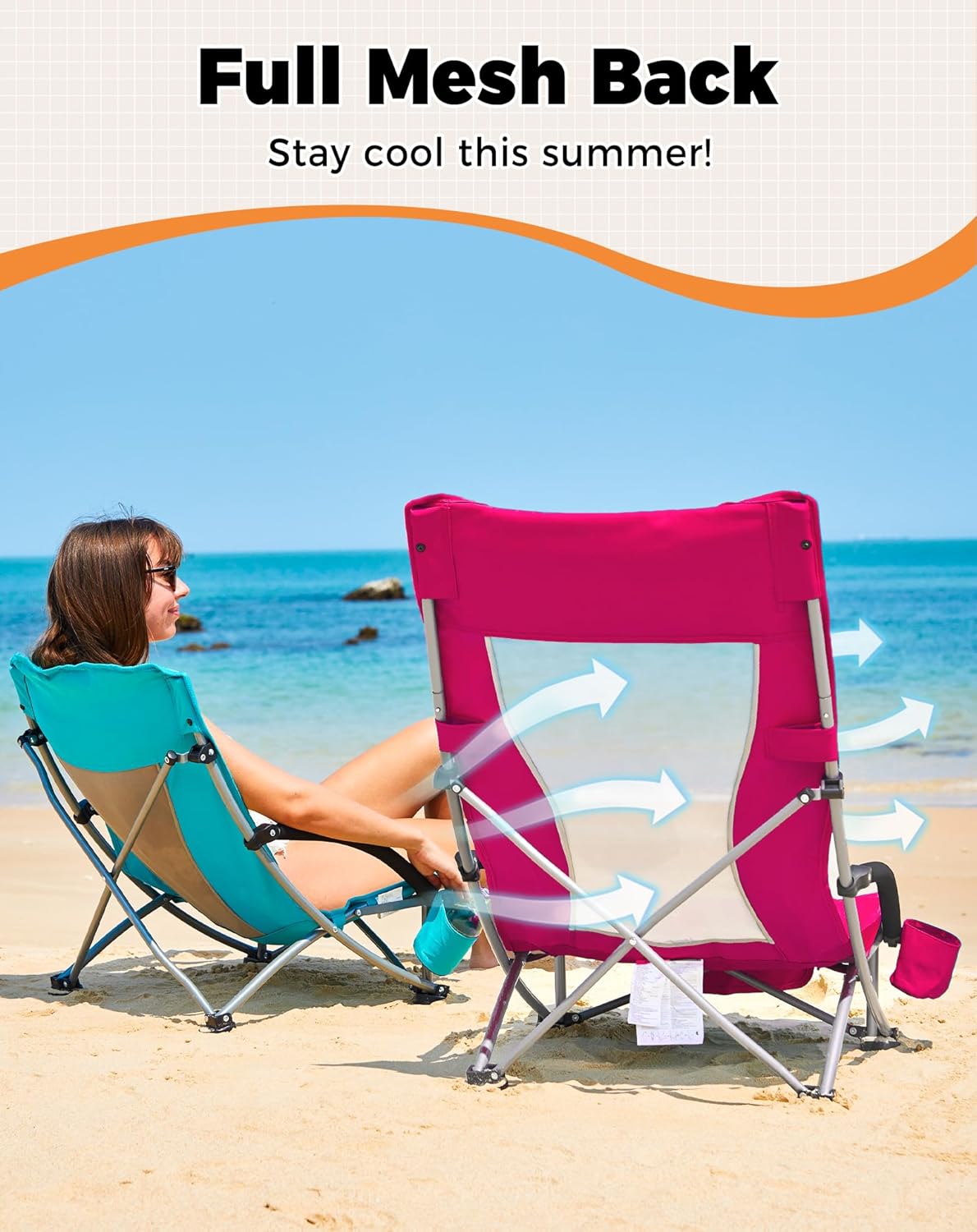 Rose Red Low Folding Beach Chair Heavy Duty Portable Mesh Seat