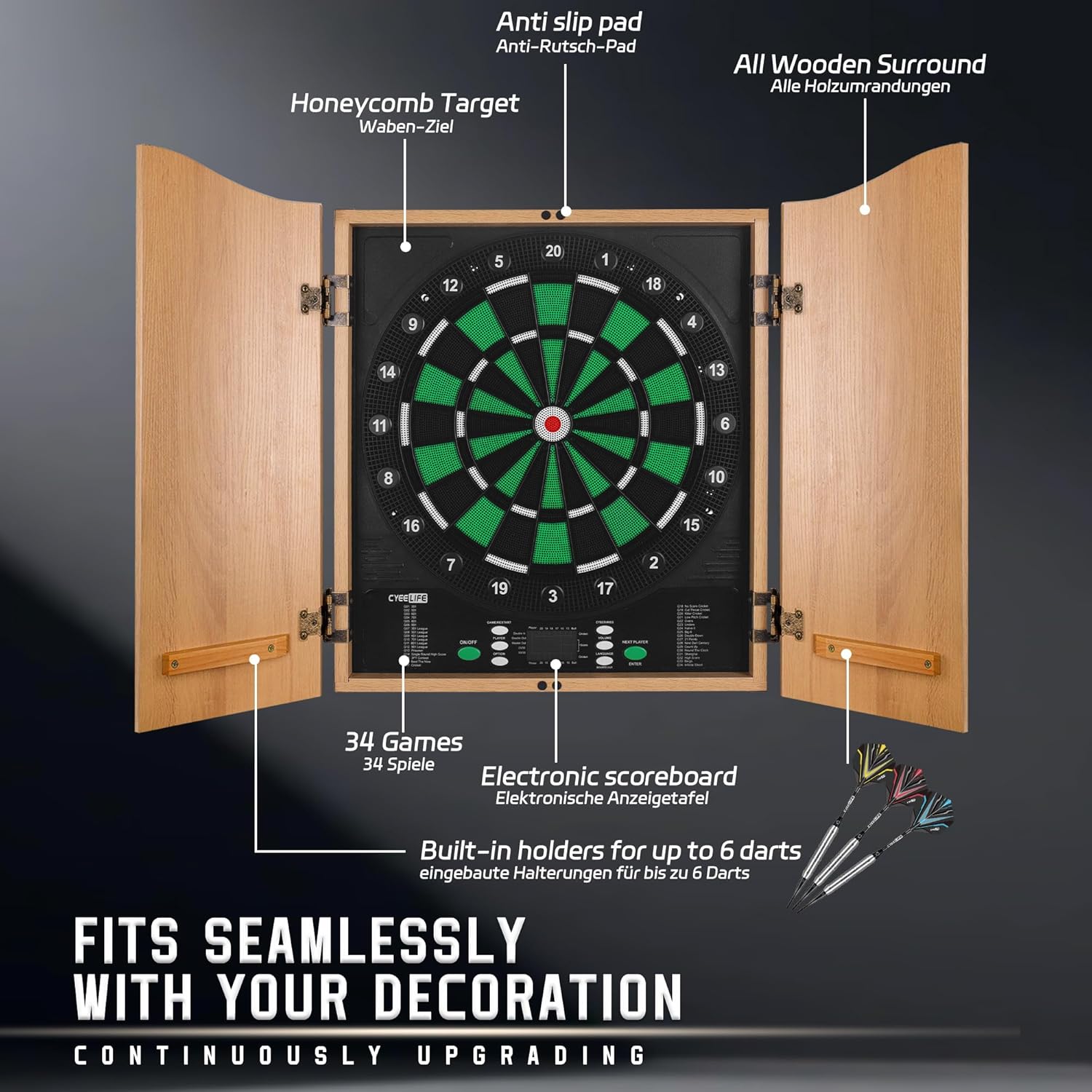 Electronic Dartboard Cabinet 8 Player LED 34 Games 12 Darts Set