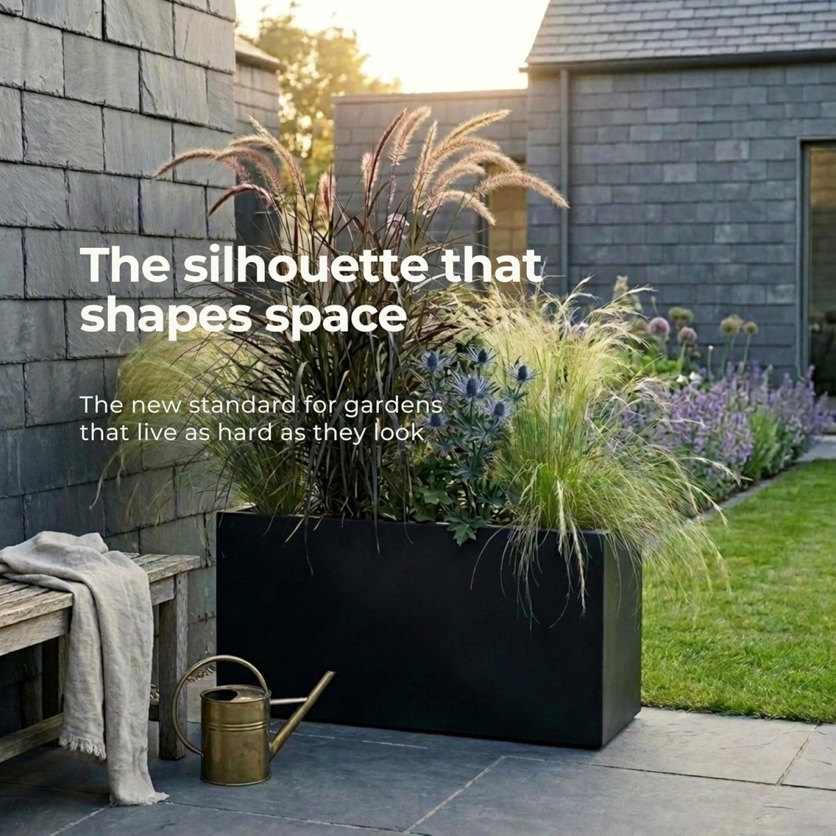 85cm Large Trough Planter Black Stone Effect Outdoor Pot - Kwikley
