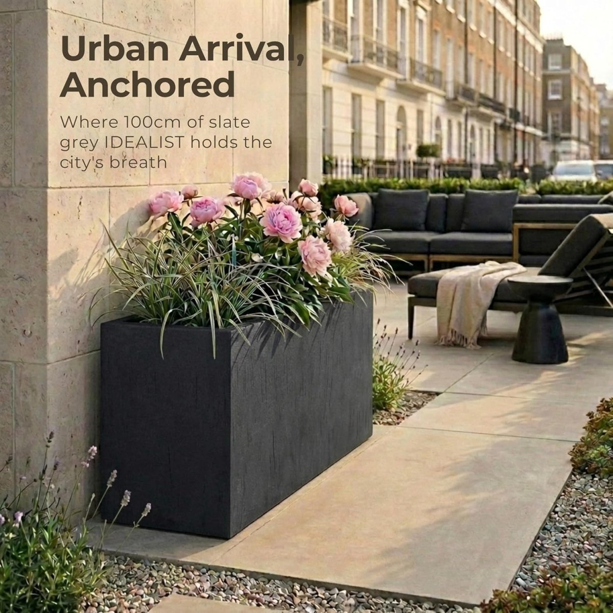 85cm Large Trough Planter Black Stone Effect Outdoor Pot - Kwikley