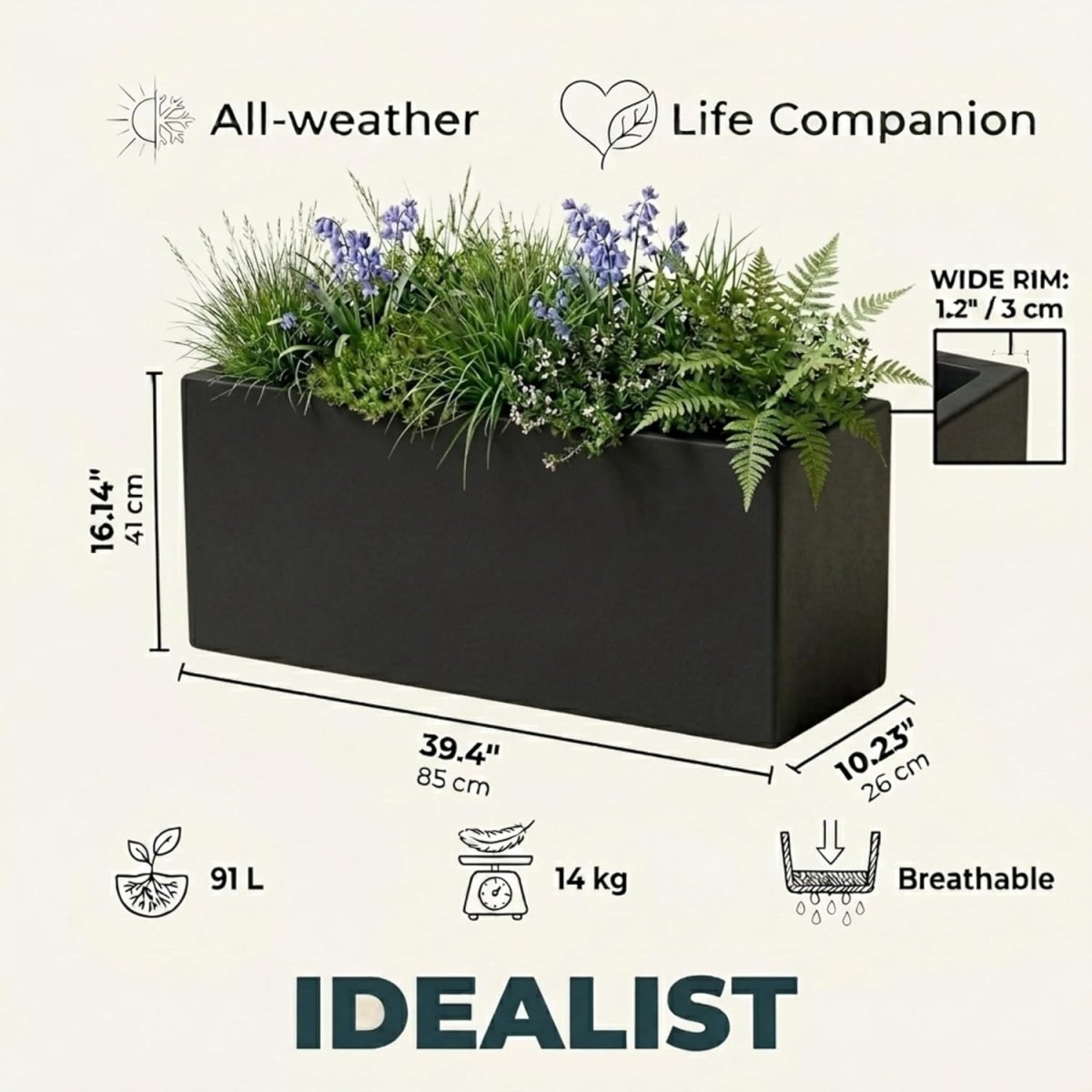 85cm Large Trough Planter Black Stone Effect Outdoor Pot - Kwikley