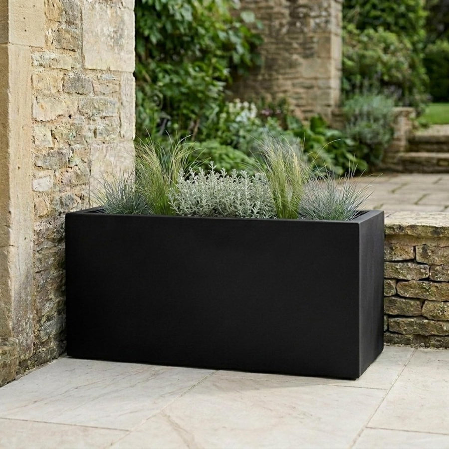 85cm Large Trough Planter Black Stone Effect Outdoor Pot - Kwikley