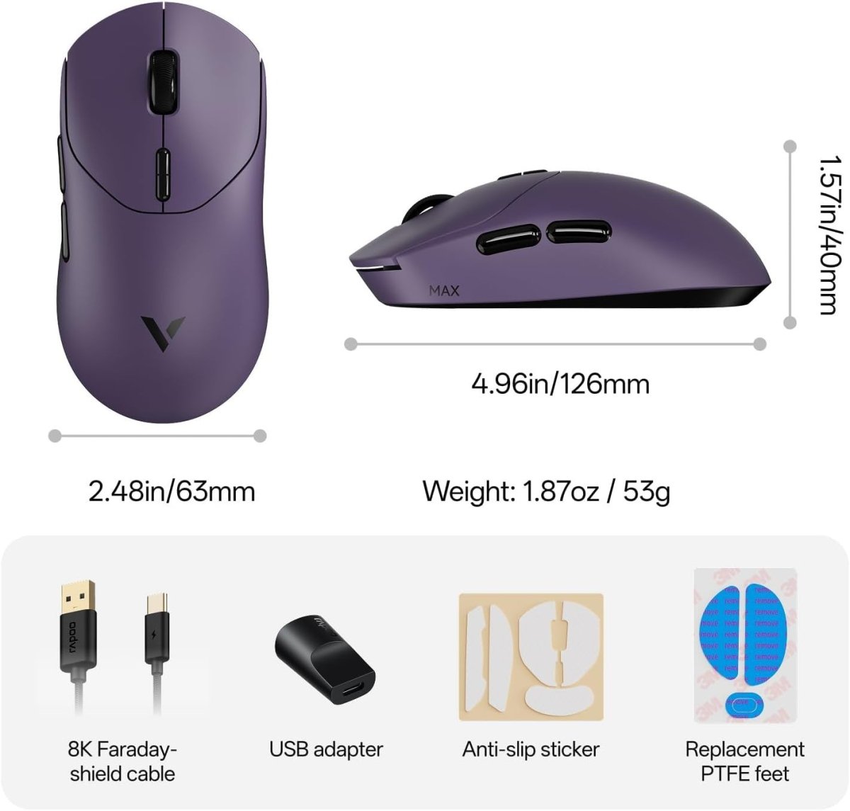 8K Wireless Gaming Mouse 30K DPI 53g 750H Battery 10 Button Purple - Kwikley