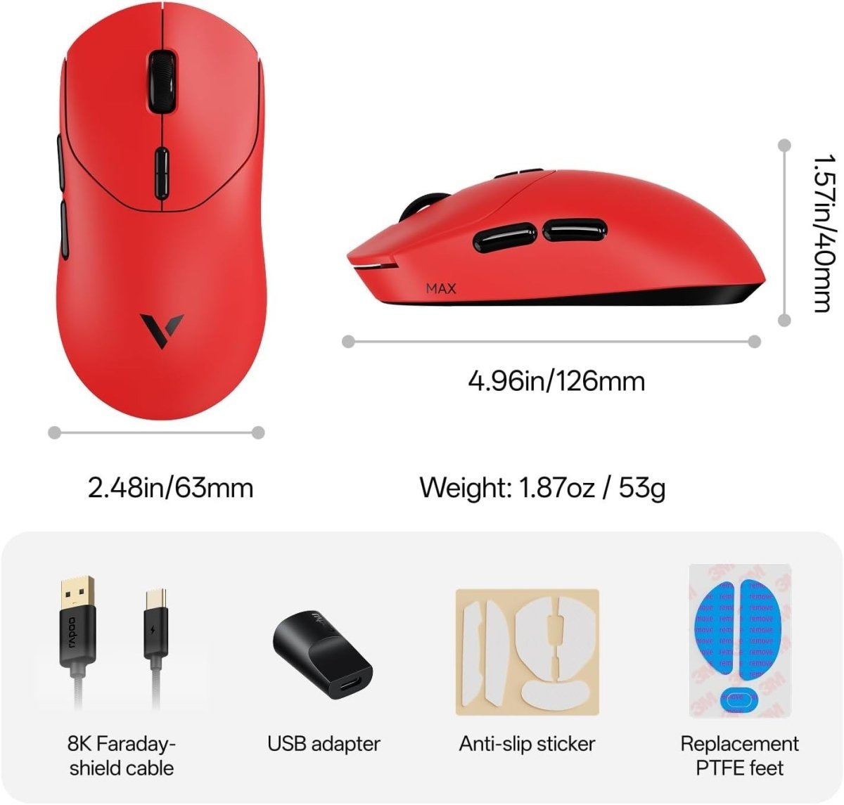 8K Wireless Gaming Mouse 30K DPI 53g 750H Battery 10 Button Red - Kwikley