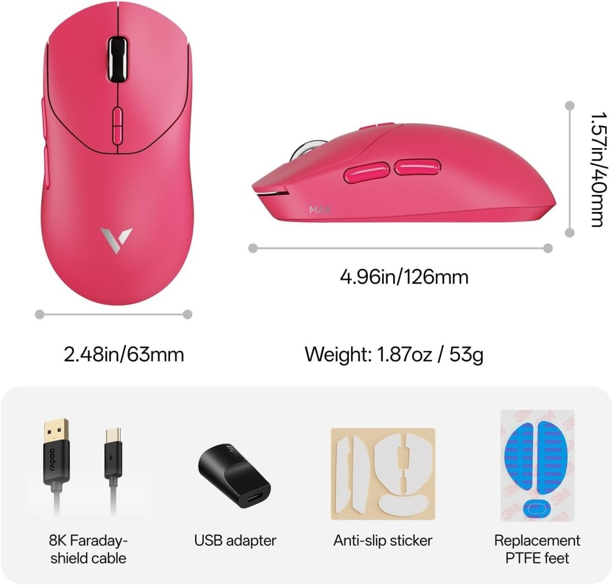 8K Wireless Gaming Mouse 30K DPI 53g Lightweight 750H RGB Pink - Kwikley