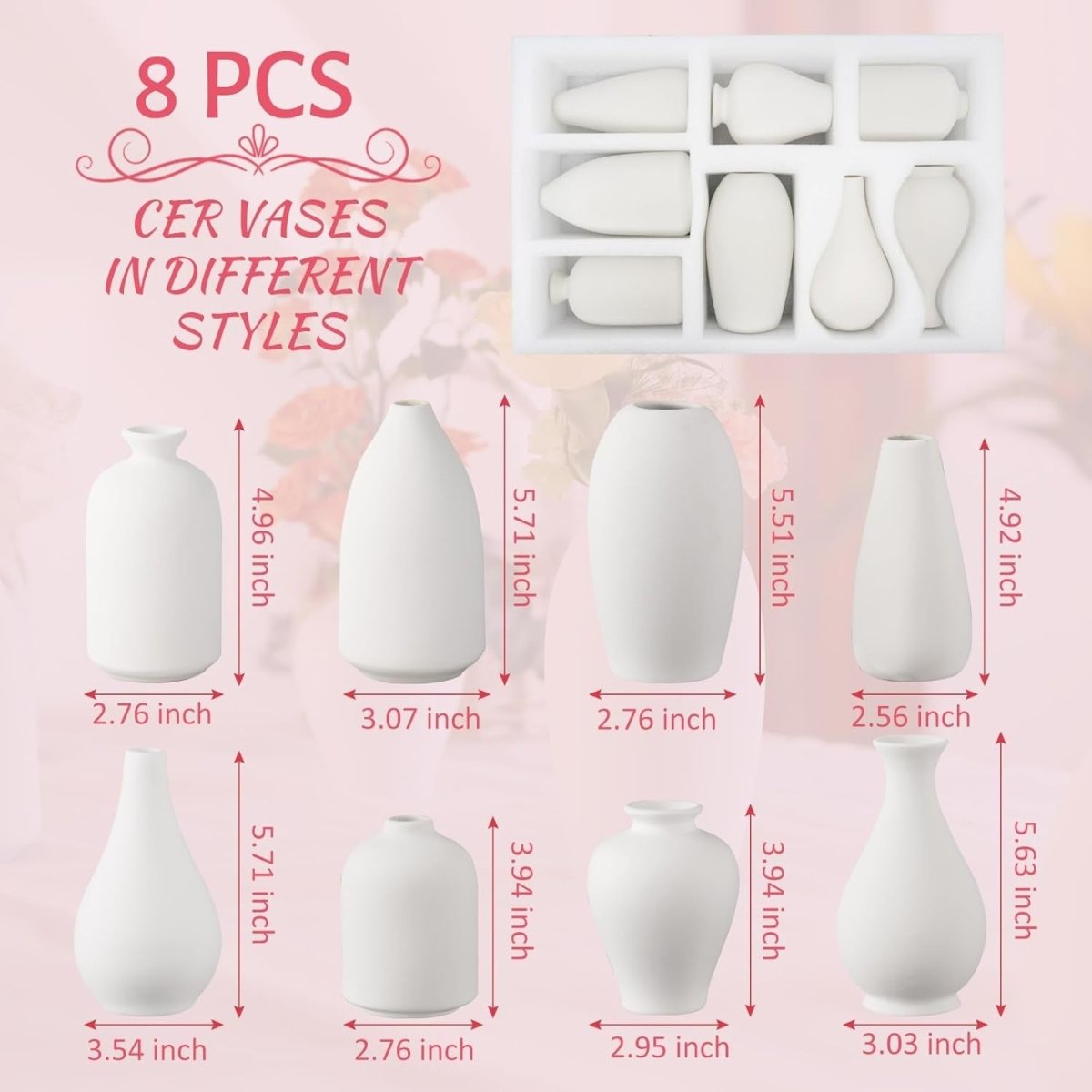 8pcs White Ceramic Vase Set Modern Minimal Floral Table Home Decor - Kwikley