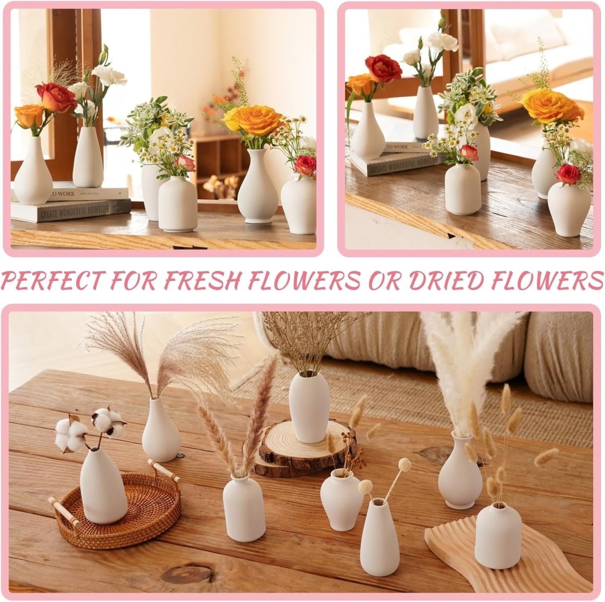8pcs White Ceramic Vase Set Modern Minimal Floral Table Home Decor - Kwikley
