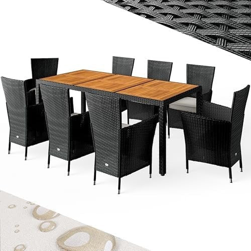 9 Piece Rattan Garden Dining Set 190x90 Table 8 Stackable Chairs Cushions - Kwikley